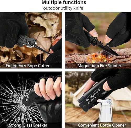 Miniatura 9 de Cuchillo plegable táctico 6 en 1  Navaja de bolsillo EDC con iniciador de fuego, luz LED y rompevidrios  Regalo para novio, esposo en cumpleaños