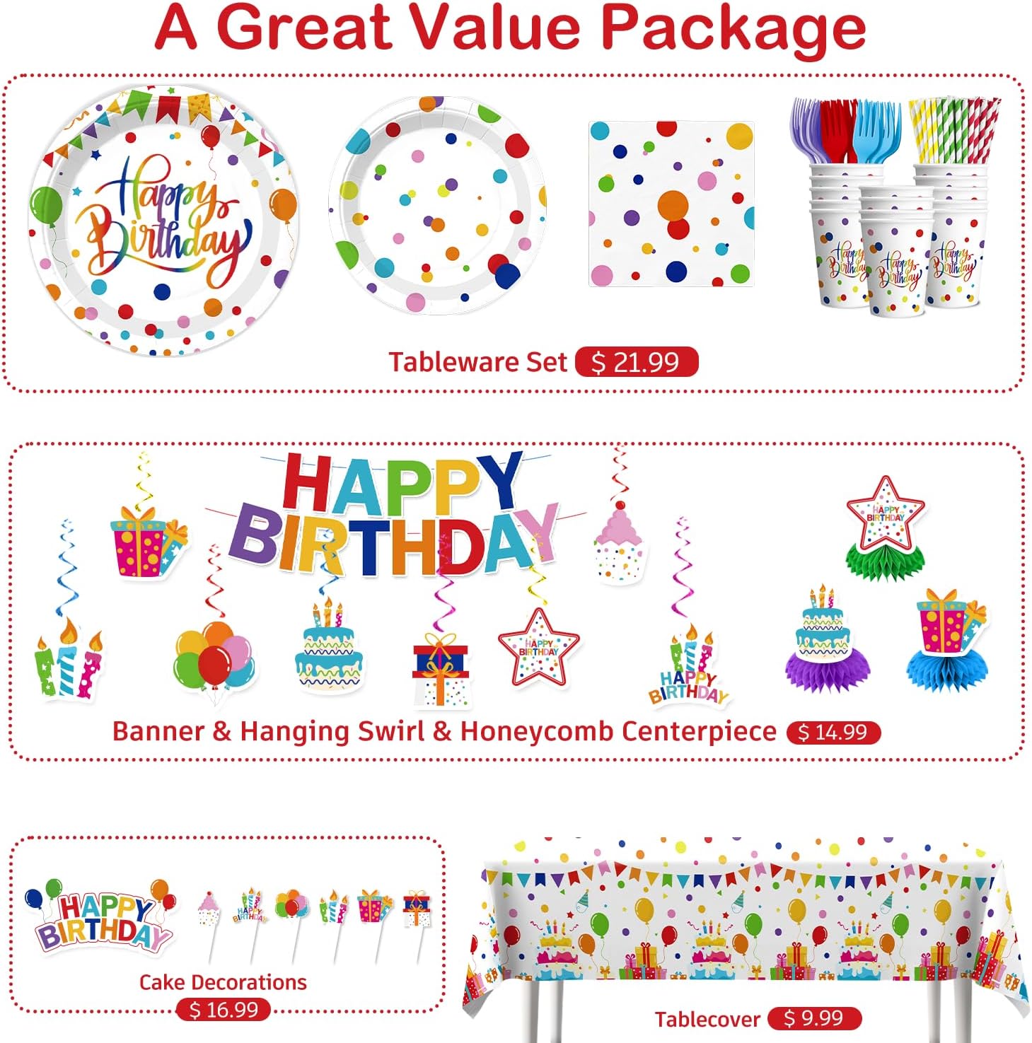 Xynic 214 PCS Colorful Happy Birthday Decorations, Colorful Dots Party Supplies With Banner, Cake Topper, Plates and Napkins, Happy Birthday Decorations for Boys and Girls, Serves 25 Guests - Image 4