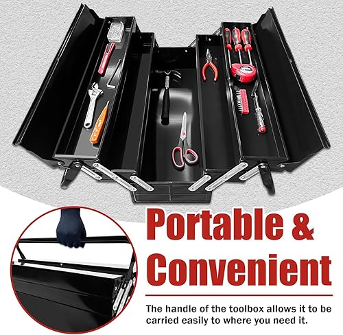 Miniatura 6 de Caja de herramientas voladiza de metal, caja de herramientas de acero plegable de 21 pulgadas con asa de 3 niveles y 5 bandejas, caja de
