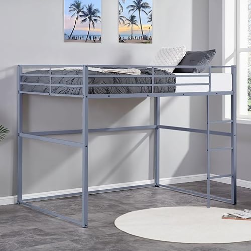 Miniatura 3 de Base de cama tipo loft de metal resistente tamaño individual con barandillas de seguridad y escalera integrada. Cama alta resistente que ahorra