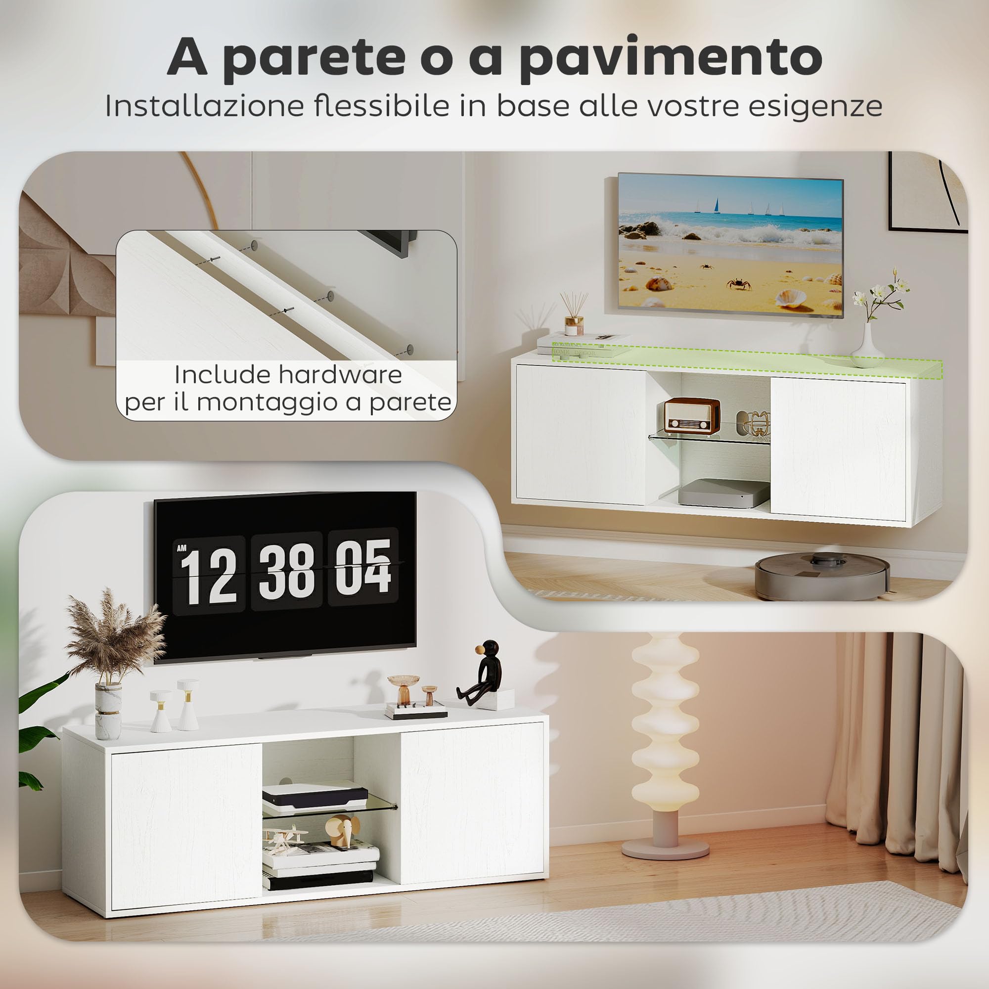 HOMCOM Mobile Porta TV fino a 55" 120 cm Soft Close Bianco Effetto Legno | Mobiletto TV Sospeso o a Terra, Foro Passacavi, Ripiano in Vetro, per Soggiorno e Salotto