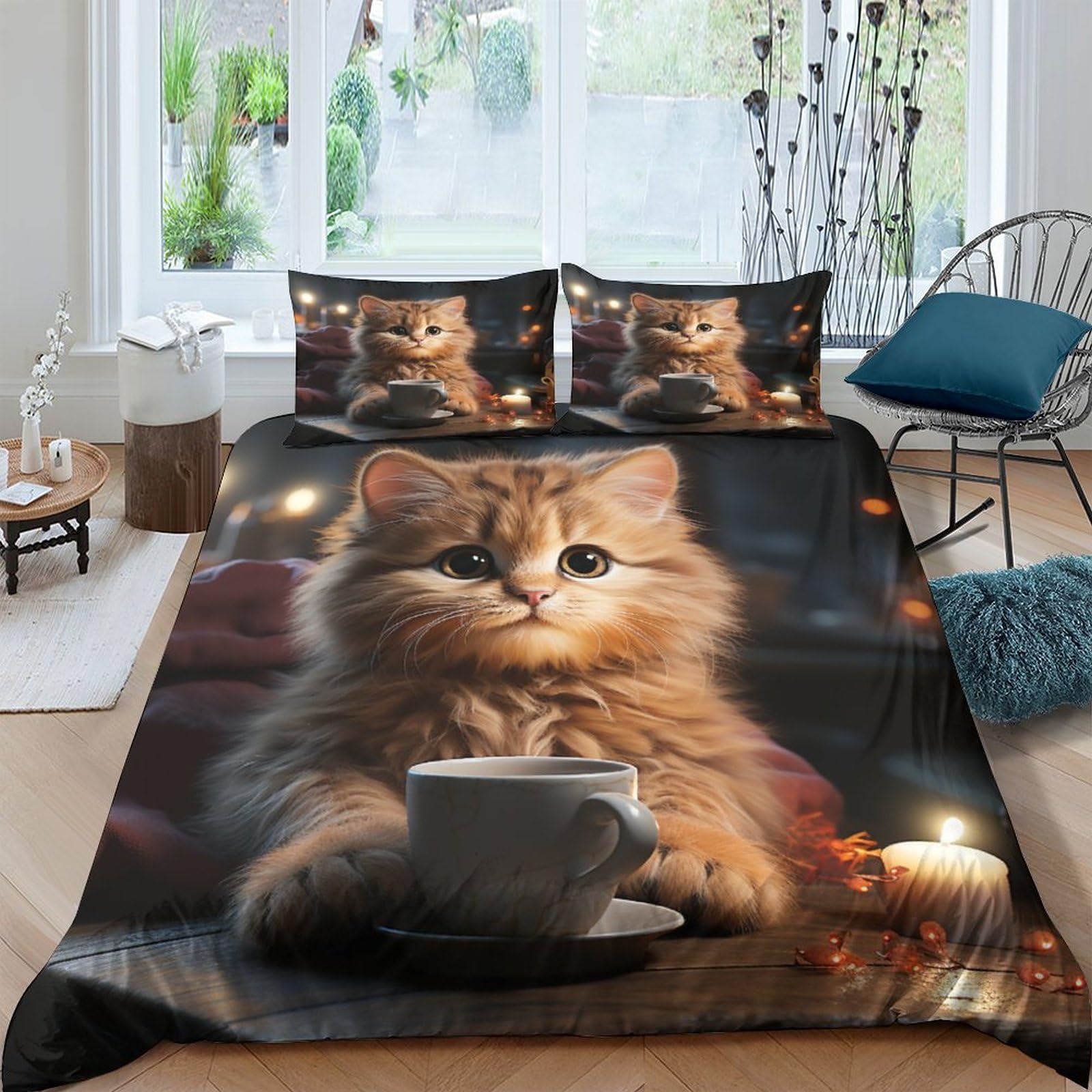 Housse de couette 3D chat et couch pour chambre fille ou garçon en parure 3 pièces
