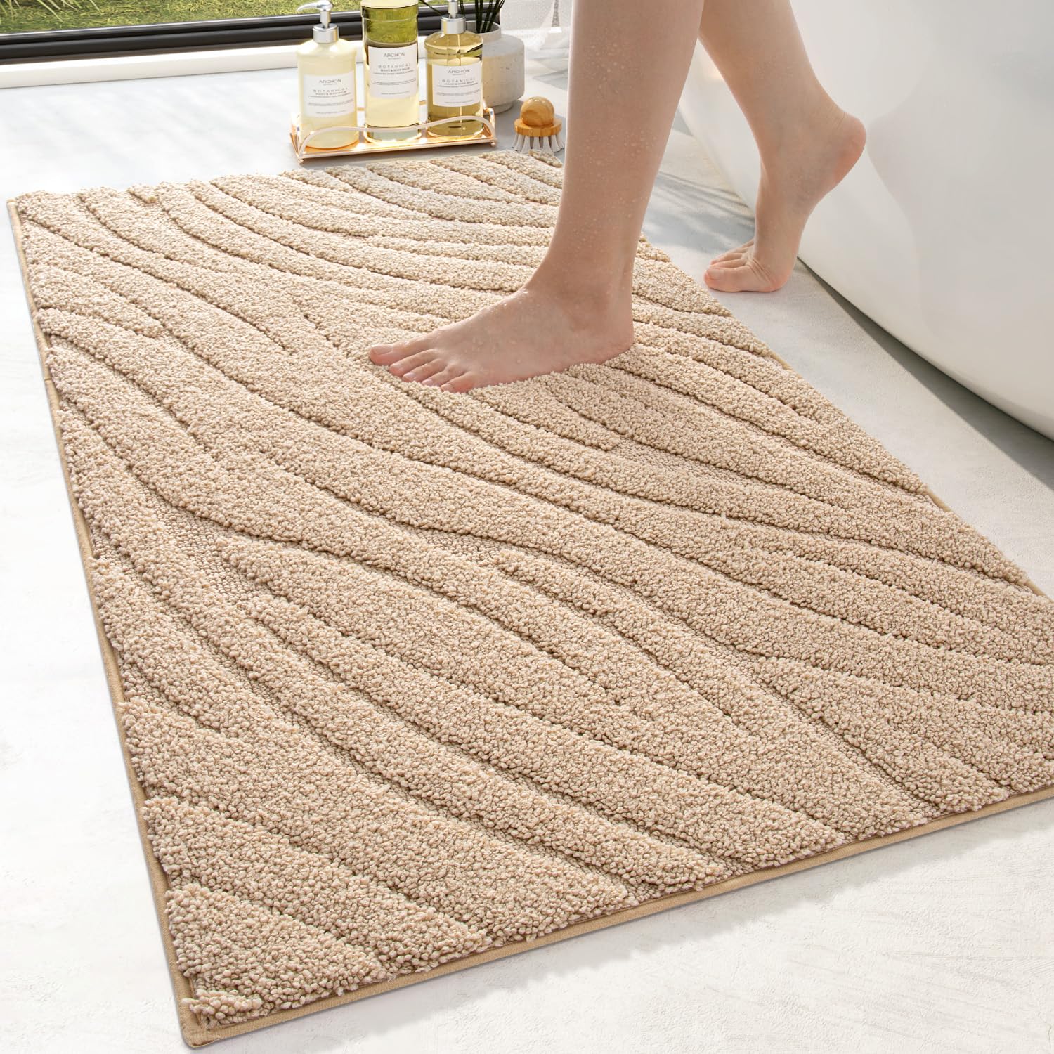DEXI Alfombra Baño 61 x 110 cm, Alfombras Bañera Antideslizante en Absorbente, Lavable Alfombrilla para Ducha y Dormitorio, Beige