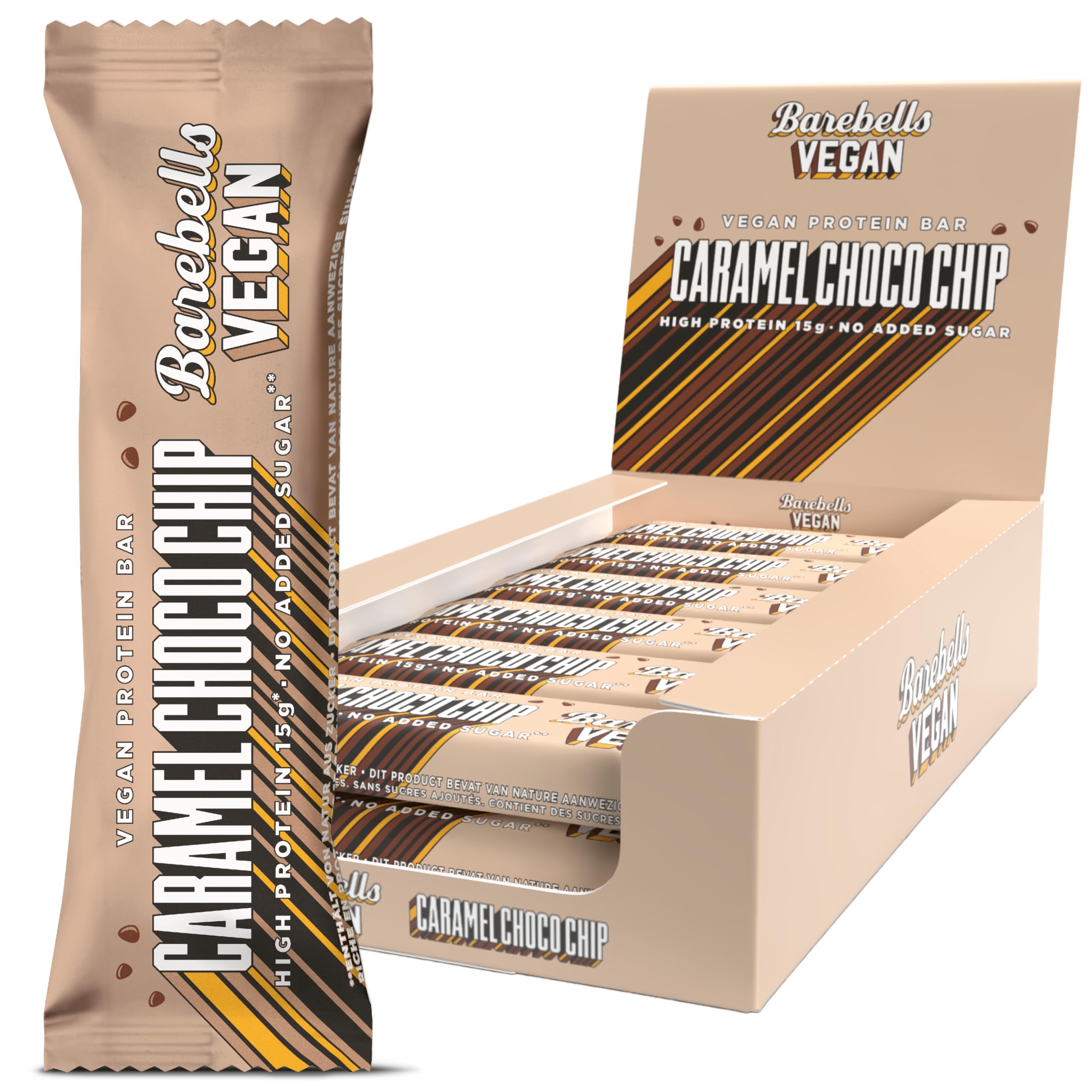 Barebells Vegan Protein Riegel – 15g High Protein Bar, Zuckerarm, Eiweißriegel, Ohne Palmöl, Vegane Proteinriegel – vegane Schokolade - Caramel Choco Chip, 12 x 55gr
