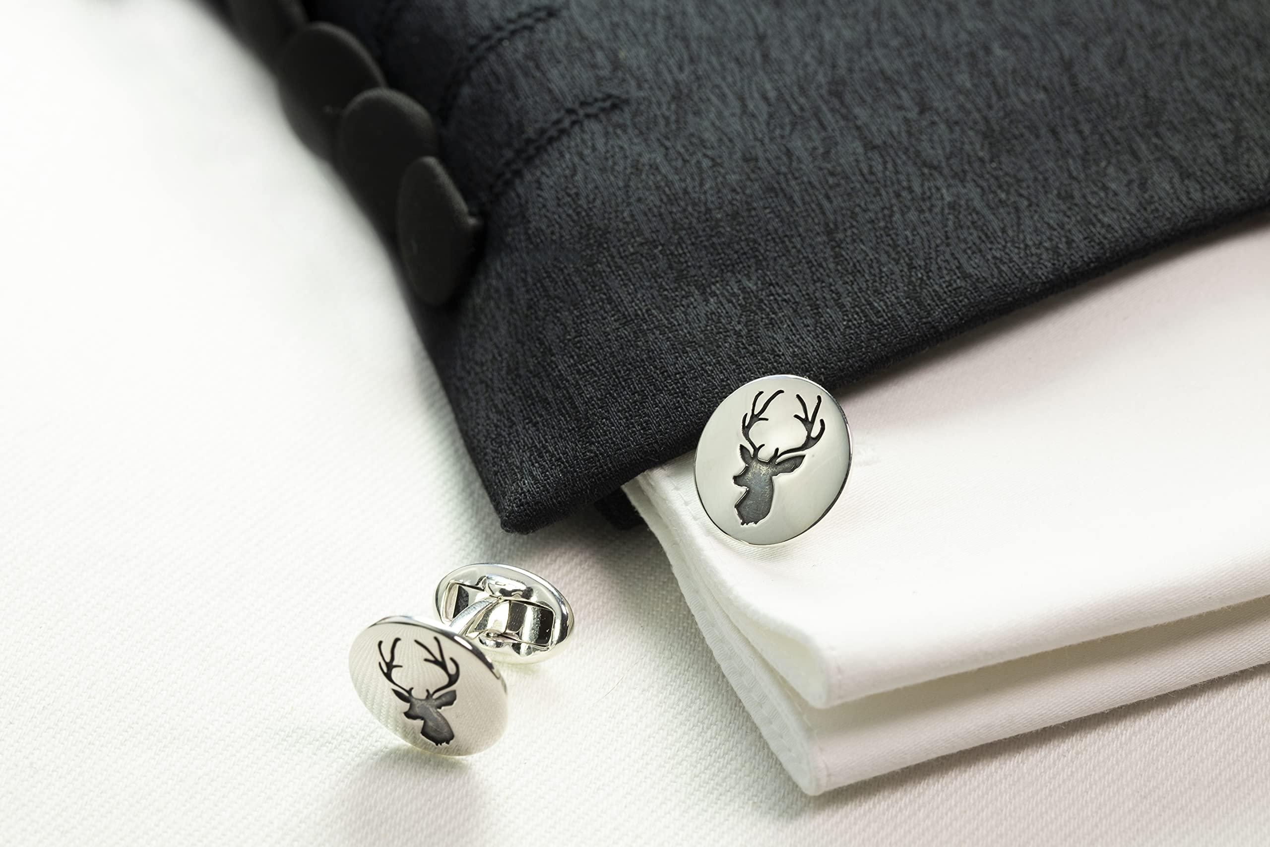 Vinani Design Manschettenknöpfe Hirsch Symbol rund geschwärzt glänzend 925 Sterling Silber Herren Anzug Hemd 2MAH