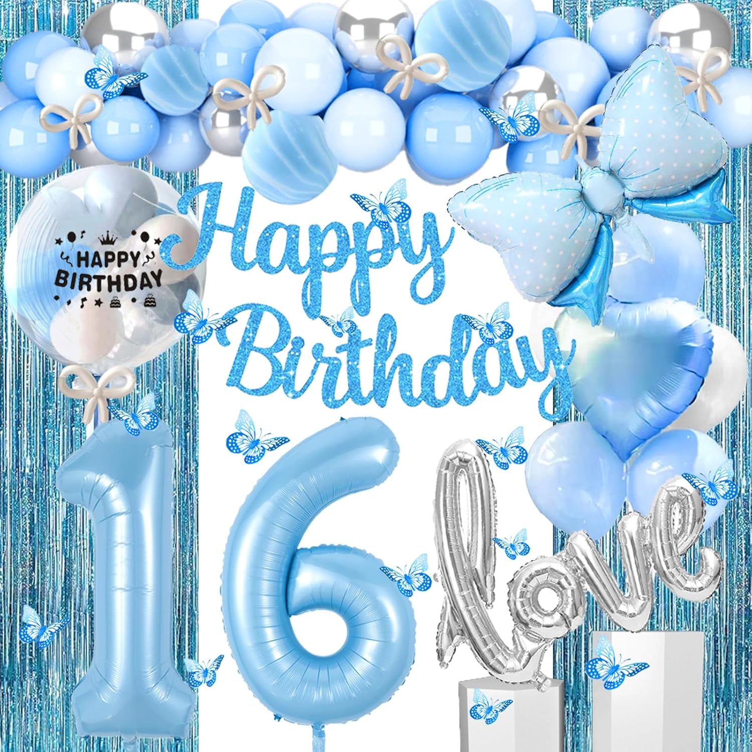 16th Blue Silver Birthday Party Decorations with Happy Birthday Banner,Love Balloons,Number Balloon 16,Butterfly Hanging Garland,Fringe Curtains for 16th or 61st Birthday Party