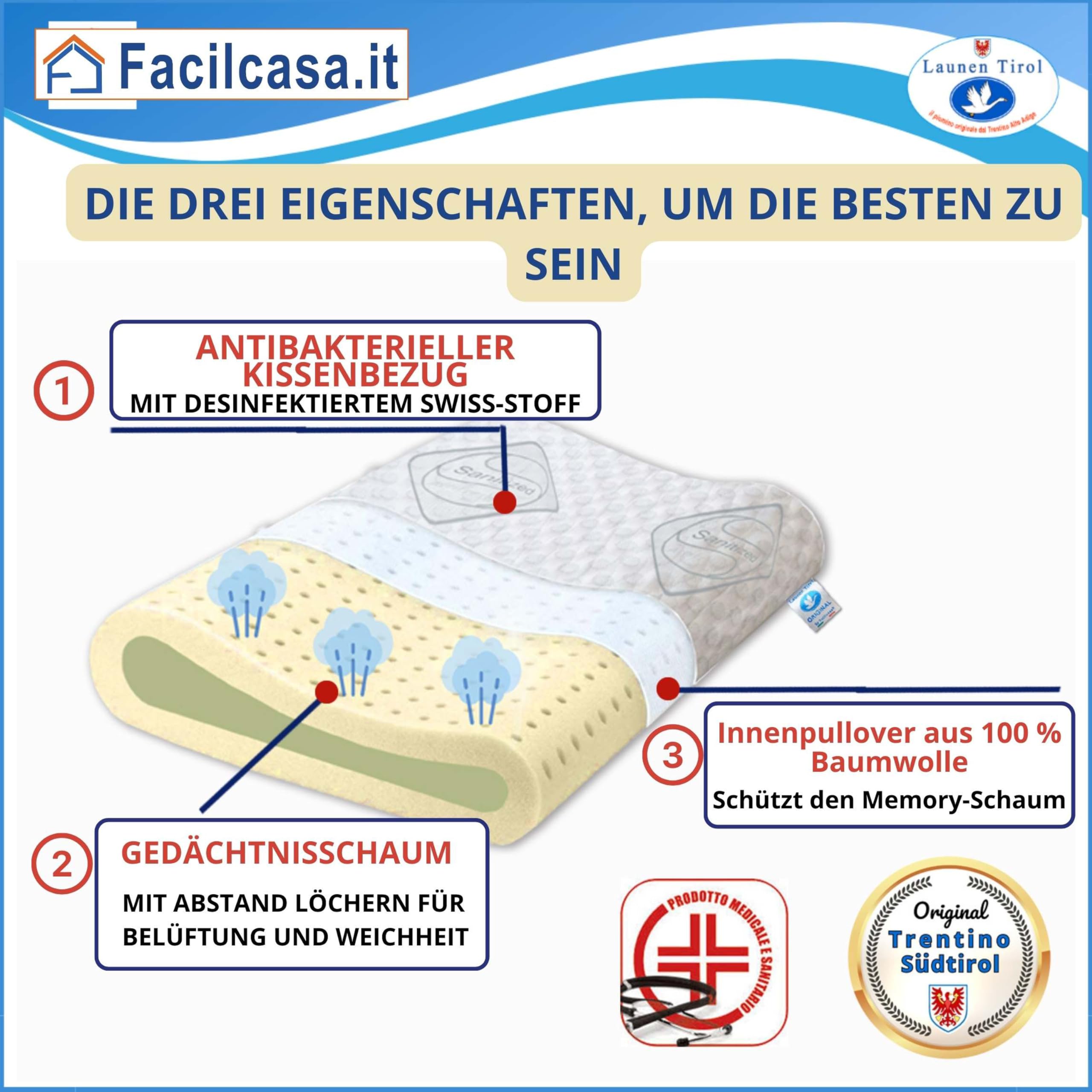 FacilCasa Memory Foam Kopfkissen – Höhenverstellbar, Orthopädisch, Gegen Nackenschmerzen, 60x60 Cm