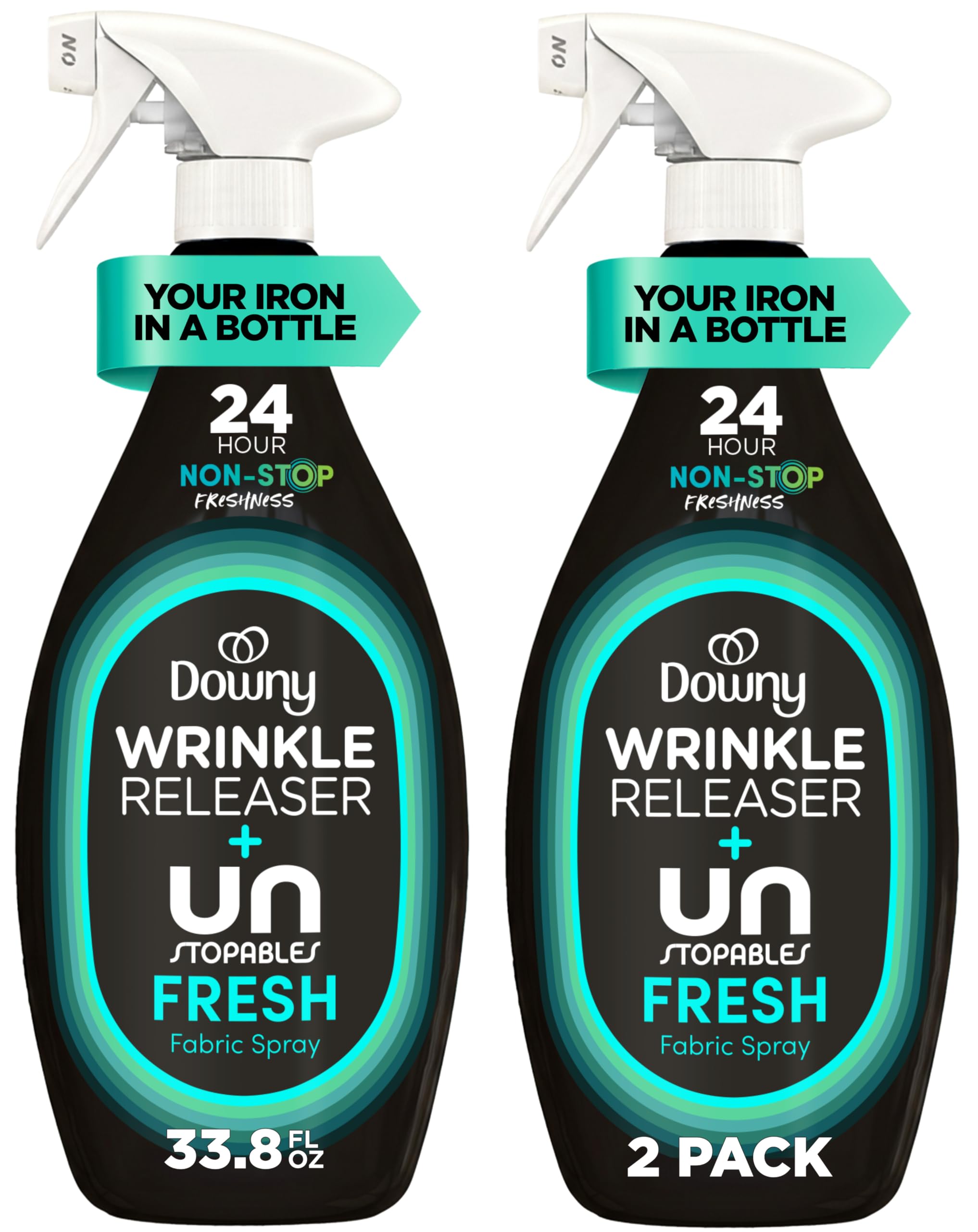 Photo 1 of Downy Wrinkle Releaser Spray, All In One Wrinkle Release Spray, Odor Eliminator, Static Remover, Fabric Refresher & Ironing Aid for Clothes, 33.8 Fl Oz (Pack of 2), Unstopables Fresh Scent