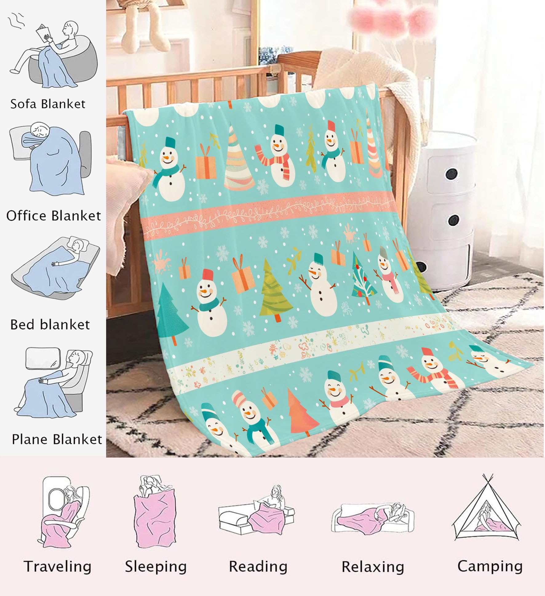 Manta De Franela Pino Muñeco De Nieve De 230X270Cm, con Estampado De Rayas Navideñas, Verde Salvia Cálida Suave, Lavable Cómoda Colcha De Cama De Fácil Cuidado para Sofá, Sofá Viajar