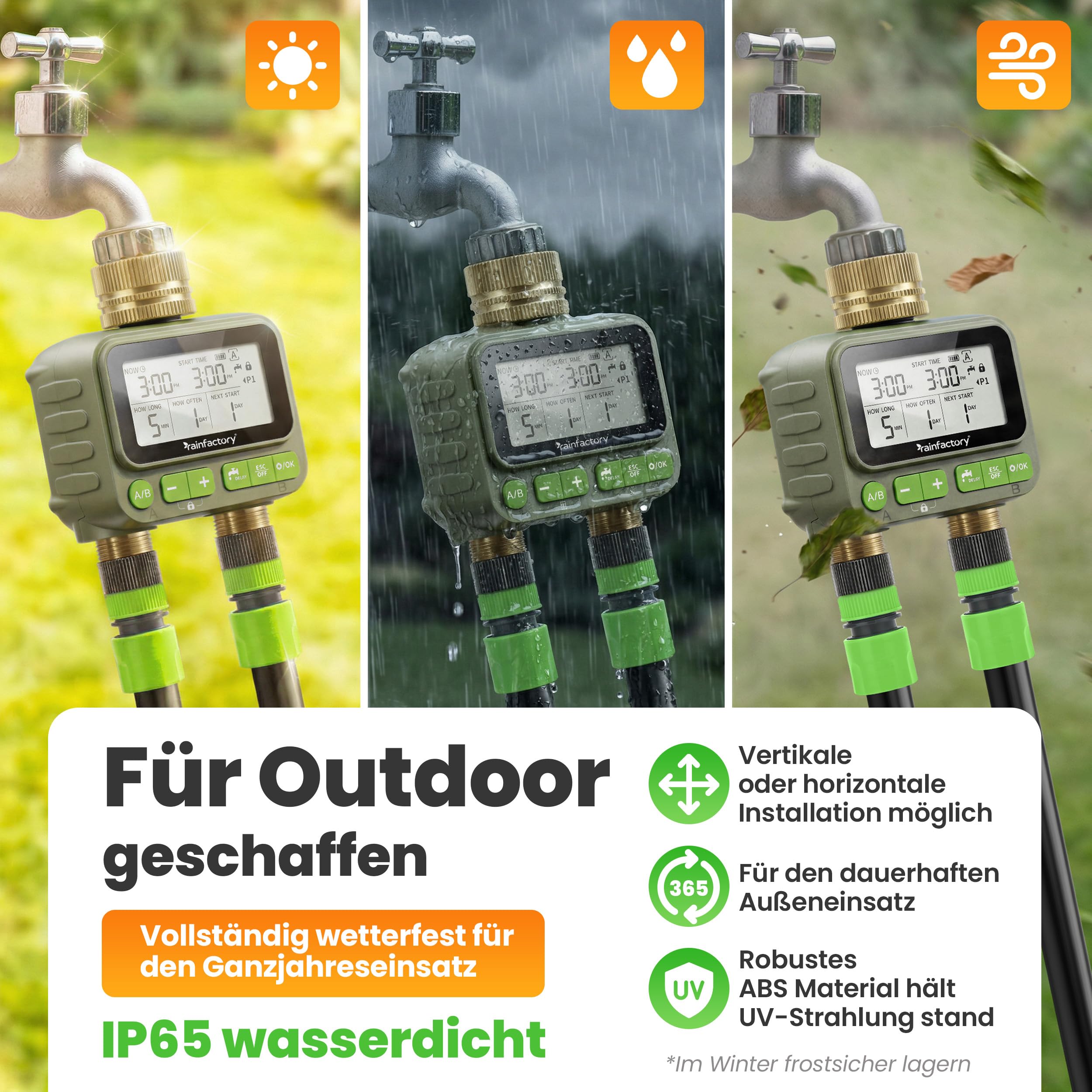 rainfactory Bewässerungscomputer 2 Ausgänge - automatische Bewässerungssteuerung für Garten - Bewässerungsuhr mit 4 Programmen, Delay - Wasser Zeitschaltuhr IP65, 3/4 Zoll für Rasen Beet & Topf Balkon