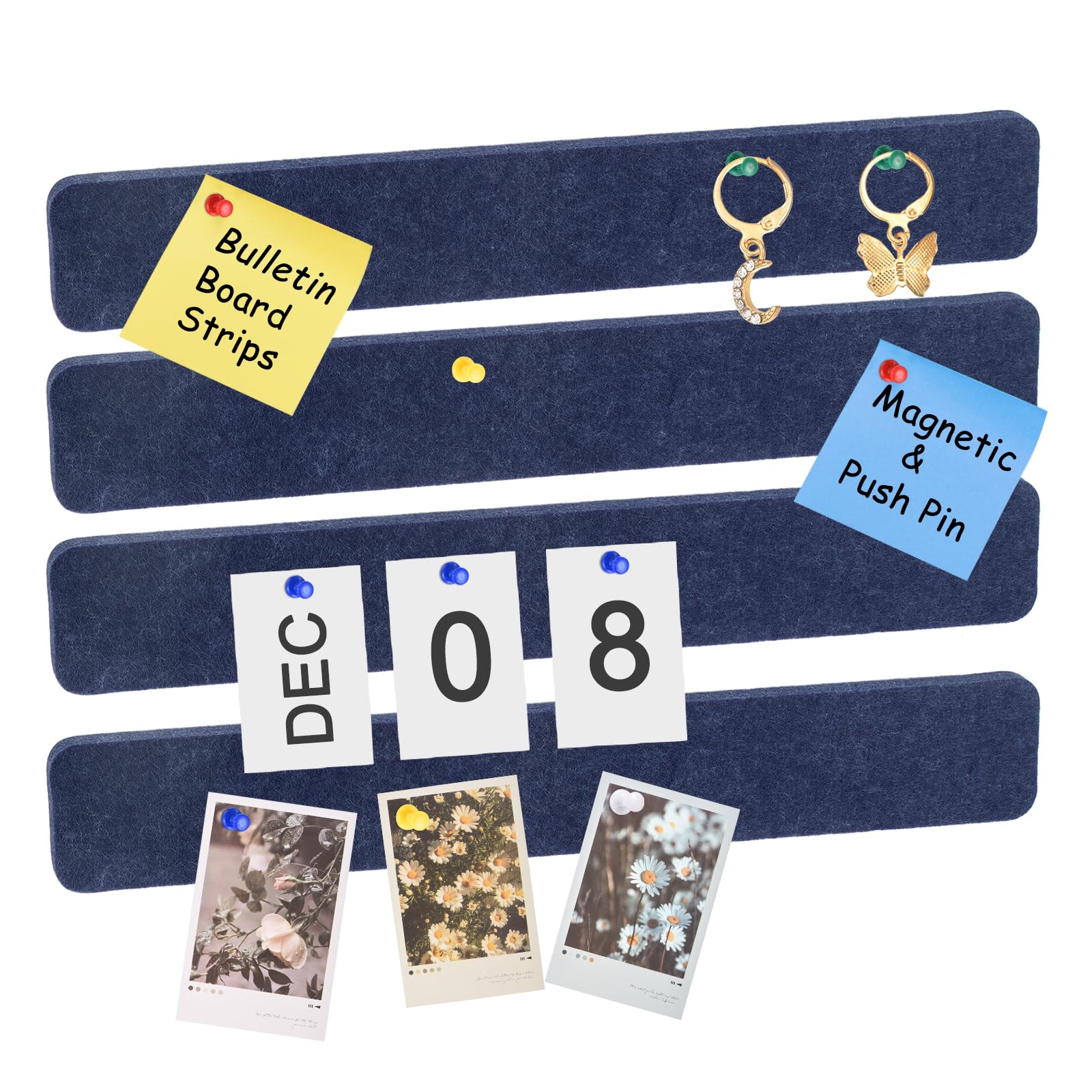 sourcing map 4Pcs Bulletin Board, Felt Pin Board Bar Strips Bulletin Board, Self-Adhesive Memo Notice Pin Cork Board with Pushpins for Paste Notes, Photos, Schedules, Dark Blue