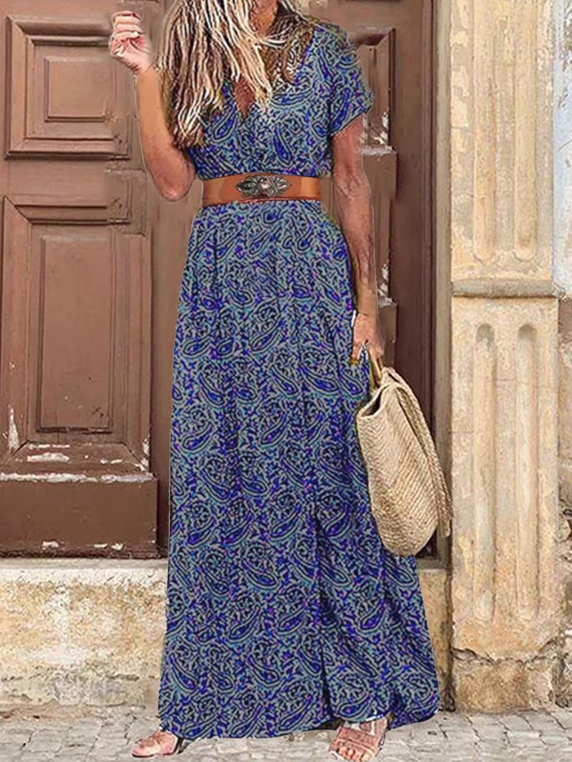 MessBebe Womens 2024 Summer Floral Maxi Dress Wrap V Neck Short Sleeve Beach Party Flowy Long Boho Dresses with Belt - Image 2