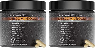 Formulation Factory Shroom Vroom: 10-in-1 Mushroom Supplement, Lion&rsquo;s Mane, Reishi, Cordyceps, Chaga, Turkey Tail, Tremella, Shiitake, Maitake, King Trumpet & Enoki 240 Count (Pack of 2)