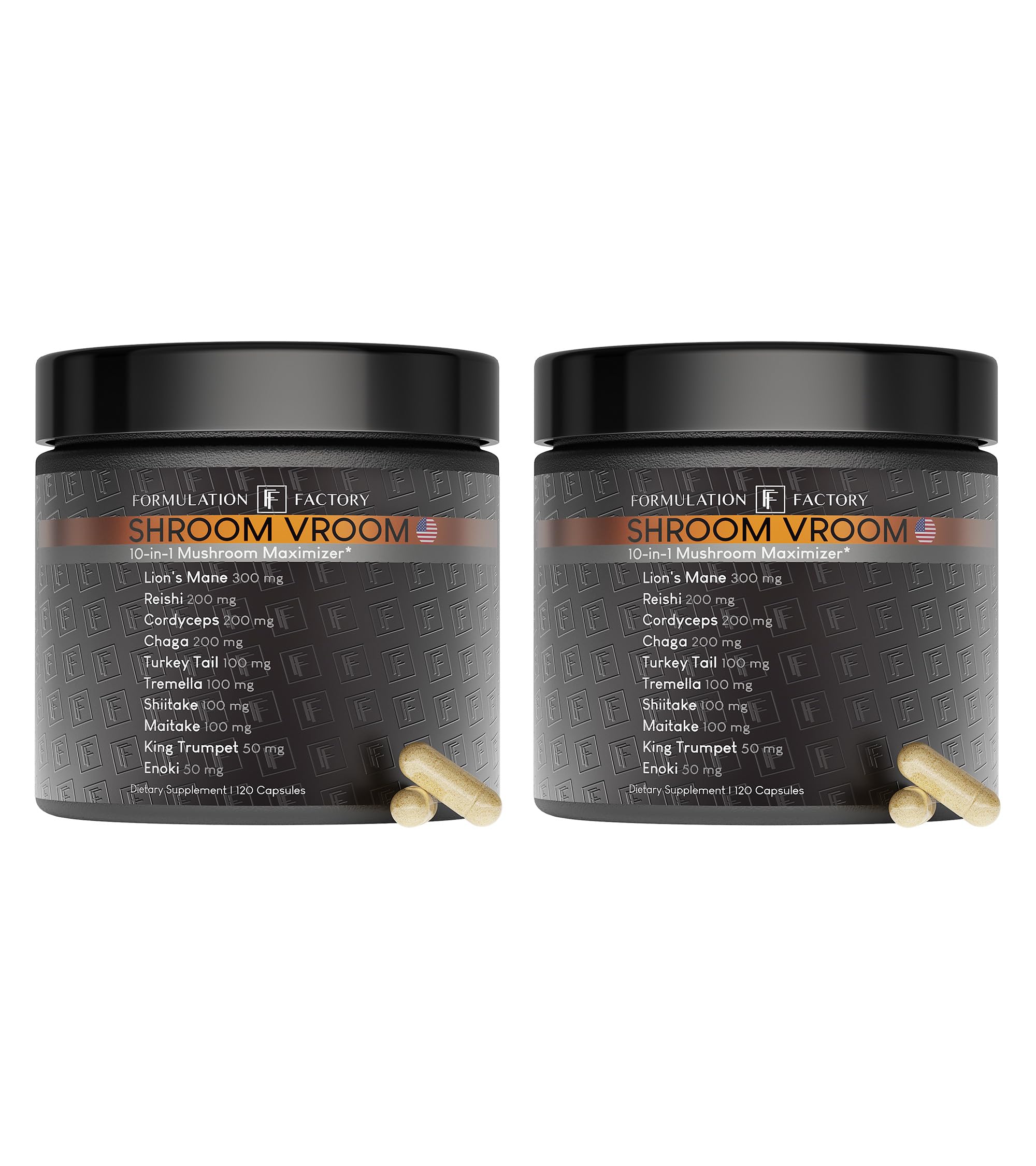 Formulation Factory Shroom Vroom 10-in-1 Mushroom Complex (2-Pack) with Lion's Mane, Reishi, Cordyceps, Chaga, Turkey Tail, Tremella, Maitake, Shiitake & More - 240 Capsules