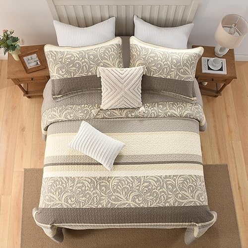 Miniatura 6 de Colchas ligeras tamaño King de 120 x 120 pulgadas, edredón de gran tamaño 100% algodón, colcha de patrón botánico a rayas, juego de ropa de cama