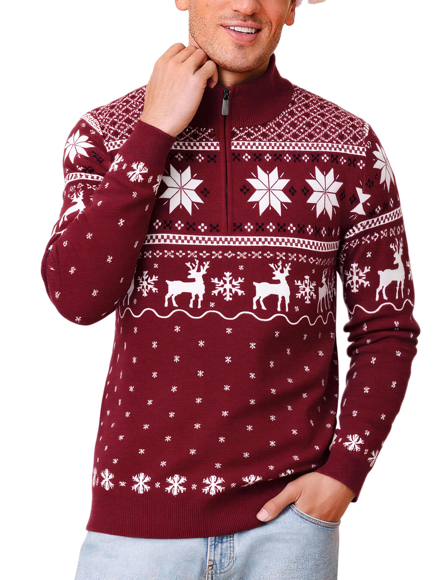crewhpo Men's Christmas Sweater with 1/4 Zip Christmas Sweaters Winter Warm Sweatshirt Christmas Long Sleeve Knitted Sweater with Reindeer Pattern Christmas Pattern S-XXL-picture-27