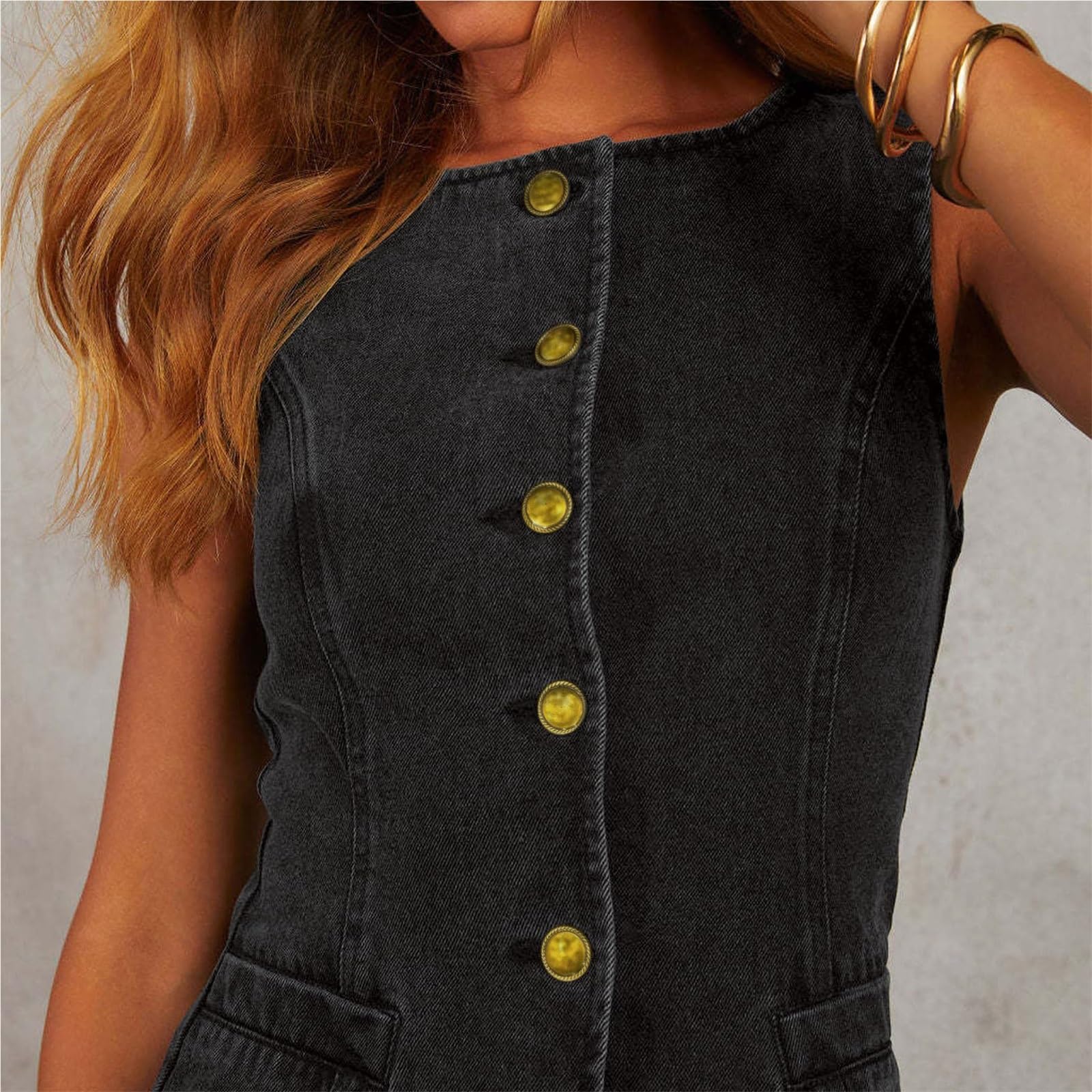 Completo in denim da donna, elegante, due pezzi, senza maniche, gilet e jeans con gamba larga, due pezzi, tinta unita, pantaloni larghi, pantaloni lunghi da festa, completo streetwear