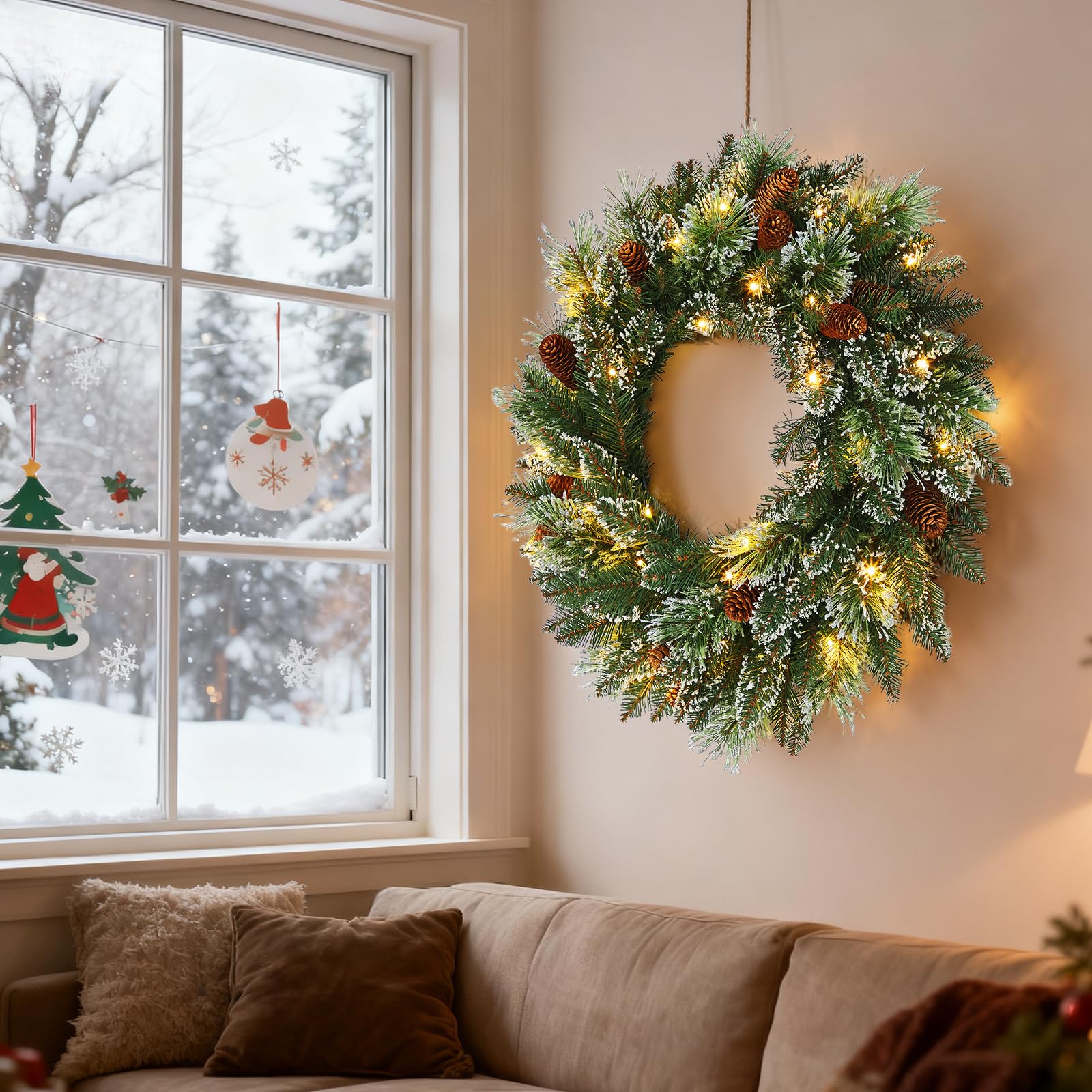 GarveeLife Christmas Wreath with 50 Warm White LEDs & Pine Cones, Large Artificial Cedar Needle Wreath, Battery Operated, Holiday Decor for Front Door, Wall, Window, 24in