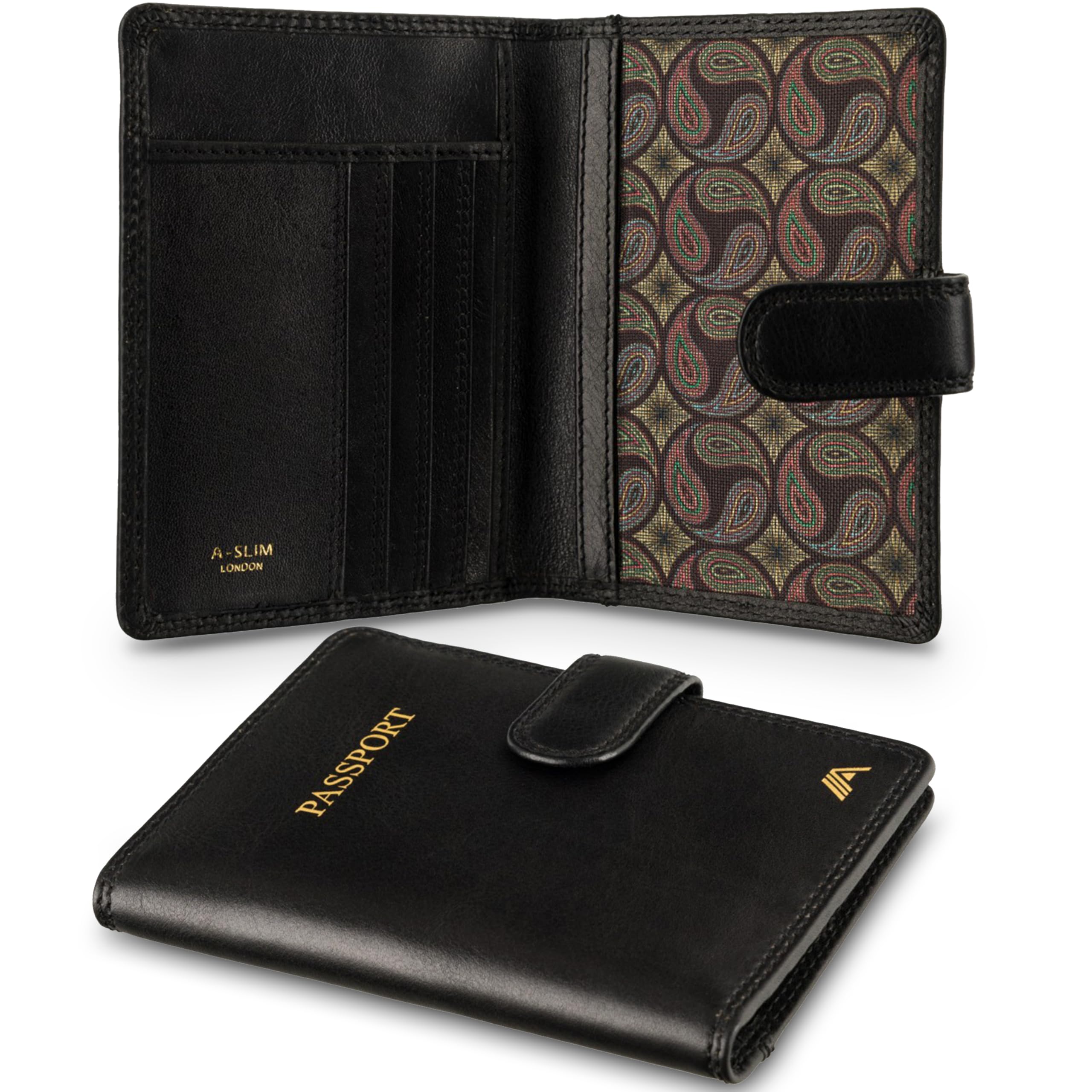 A-SLIM Gokaku Reisepasshalter aus Leder, Reisepass-Organizer für Reisepass, Tickets, Bordkarte, Karten, Bargeld, Rindsleder, schwarz, 10*14*1.5cm, Modern