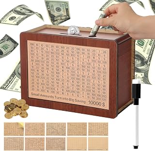 Cash Vault Wooden Savings Box 10000, Piggy Bank for Adults and Kids with Counting Target, Kakeibo Money Vault Savings Box 10K, Alcancias de Dinero para Adultos 10000, Saver Storage Case Bank