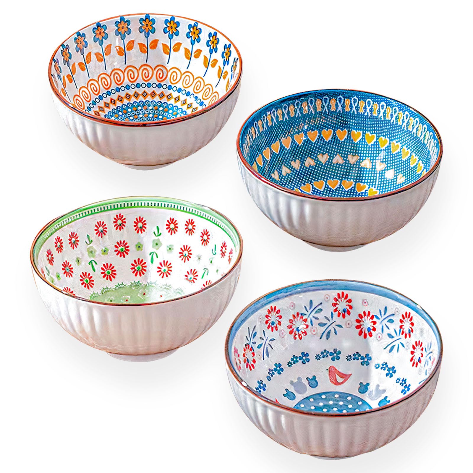 VOCAX 4 Pcs Ceramic Bowls with Chopsticks | Dinnerware Serving Bowl for Dishes Noodle Soup Fruit Suchi Sauce Snack Ice Cream | Colorful Patterned Gift Set
