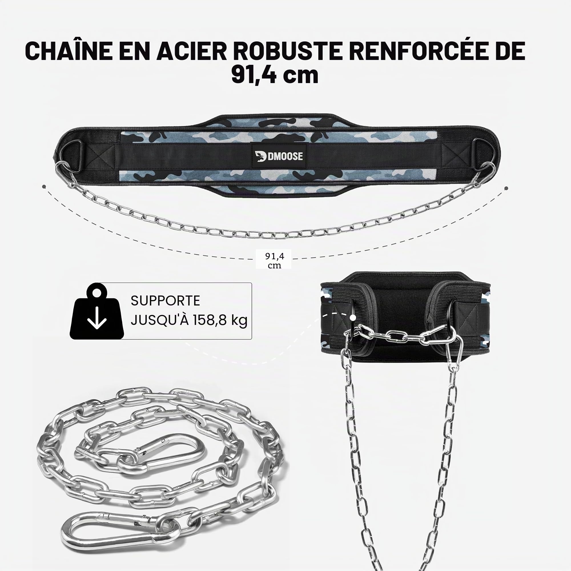DMoose Ceinture de Musculation avec chaîne pour Pullup, Ceinture de Gymnastique pour Powerlifting, Squat, Bodybuilding, Acier résistant avec Support Confortable en néoprène