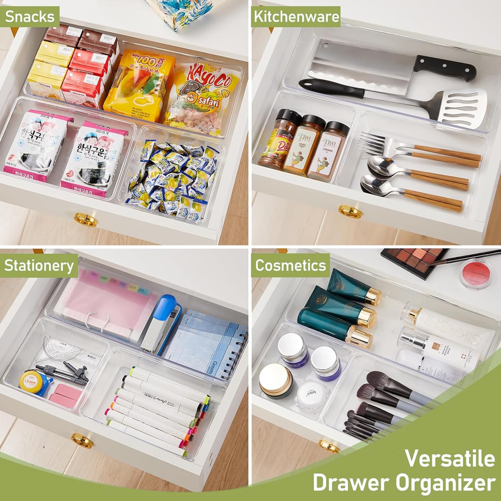 Kuber Industries 6 organizerów do przechowywania (8 x 40 cm) do kuchni i makijażu, taca do szuflad, wielofunkcyjny organizer na biurko, organizer na artykuły pa,