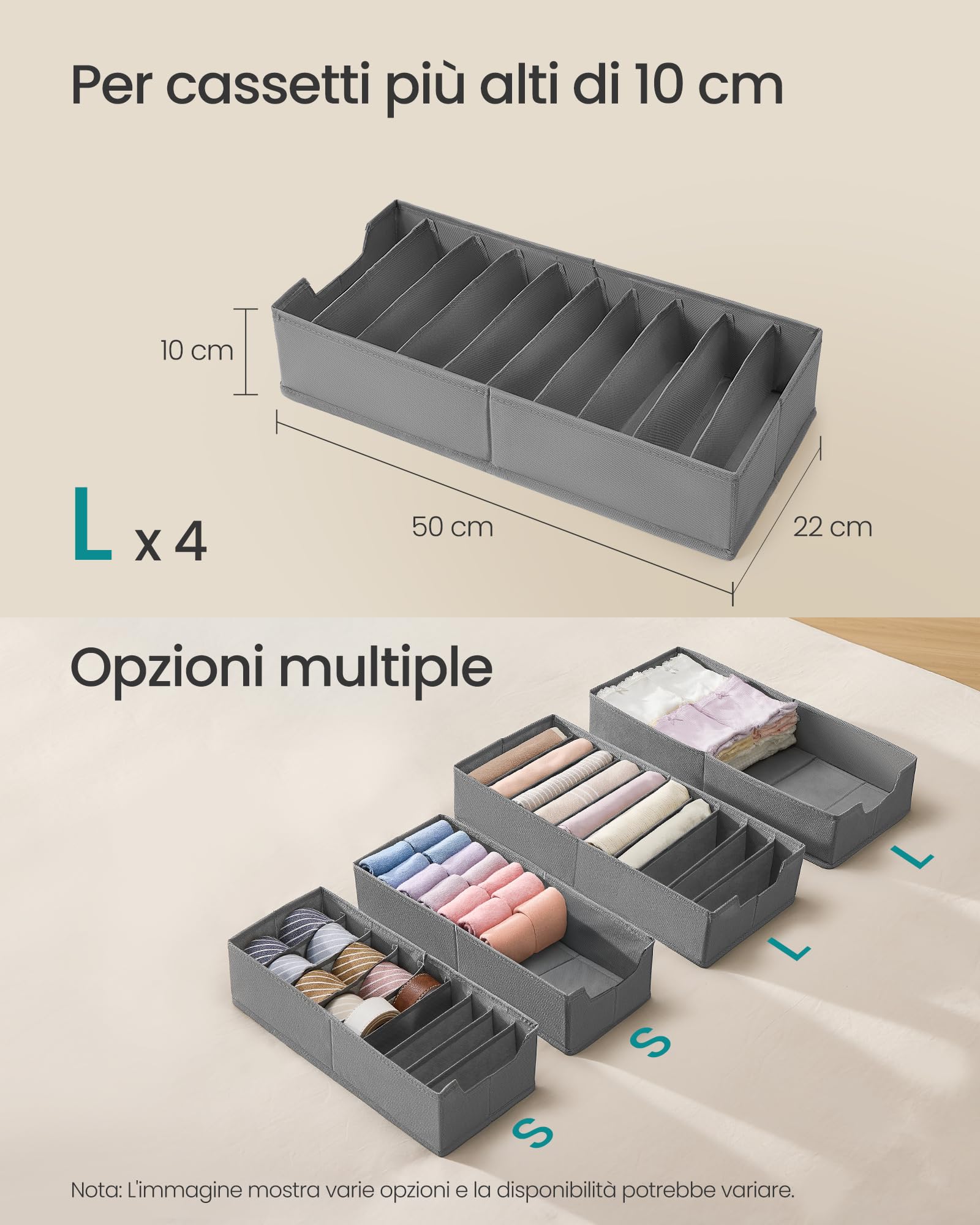 SONGMICS Set di 4 Divisori per Cassetti, per Guardaroba PAX di IKEA, con Separatori, Organizzatori per Biancheria Intima Pieghevole, 50 x 22 x 10 cm, Grigio Tortora RUS015G01