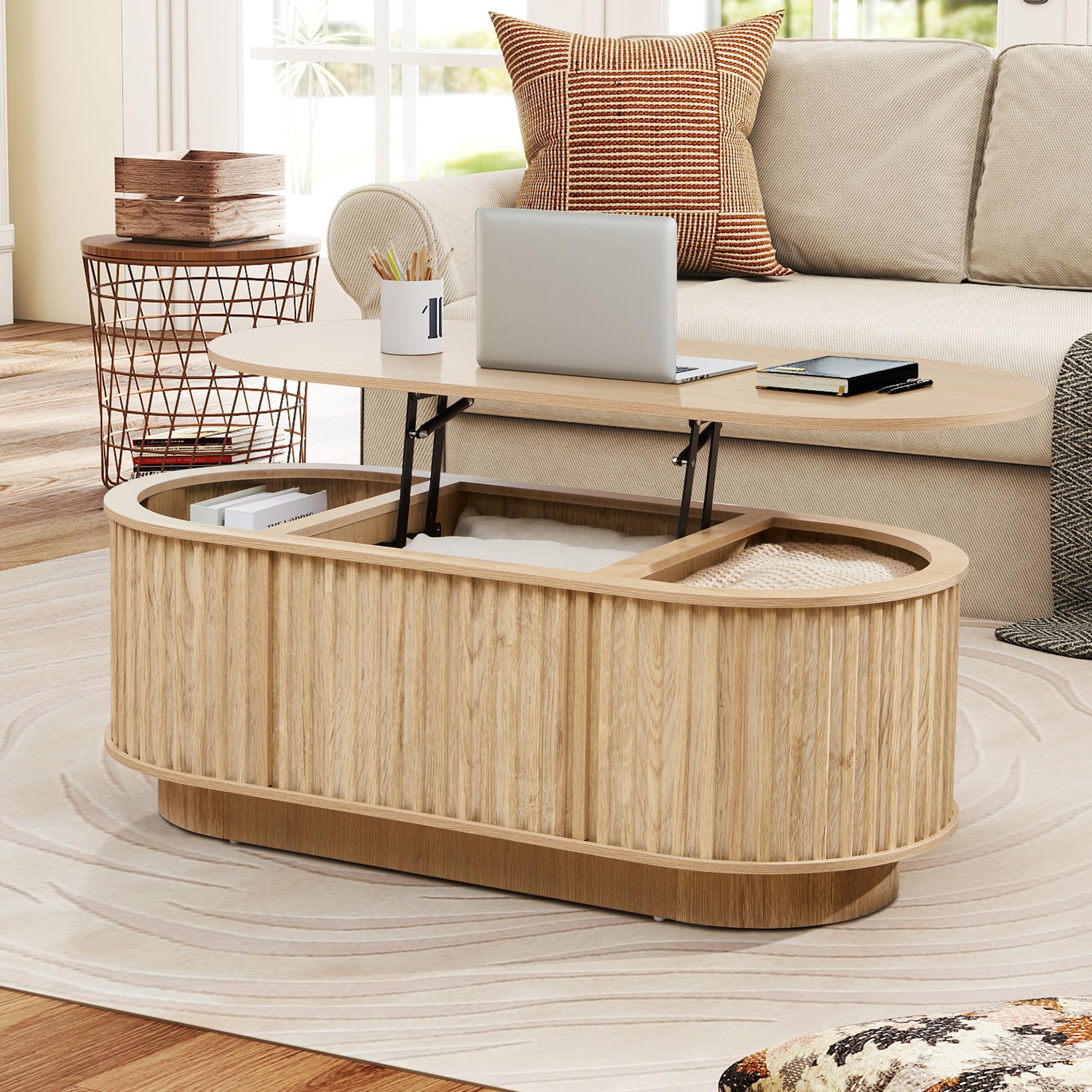 Oval Lift Top Coffee Table with Storage 43 3 Mid Century Modern Center Table with Hidden Compartment Fluted
