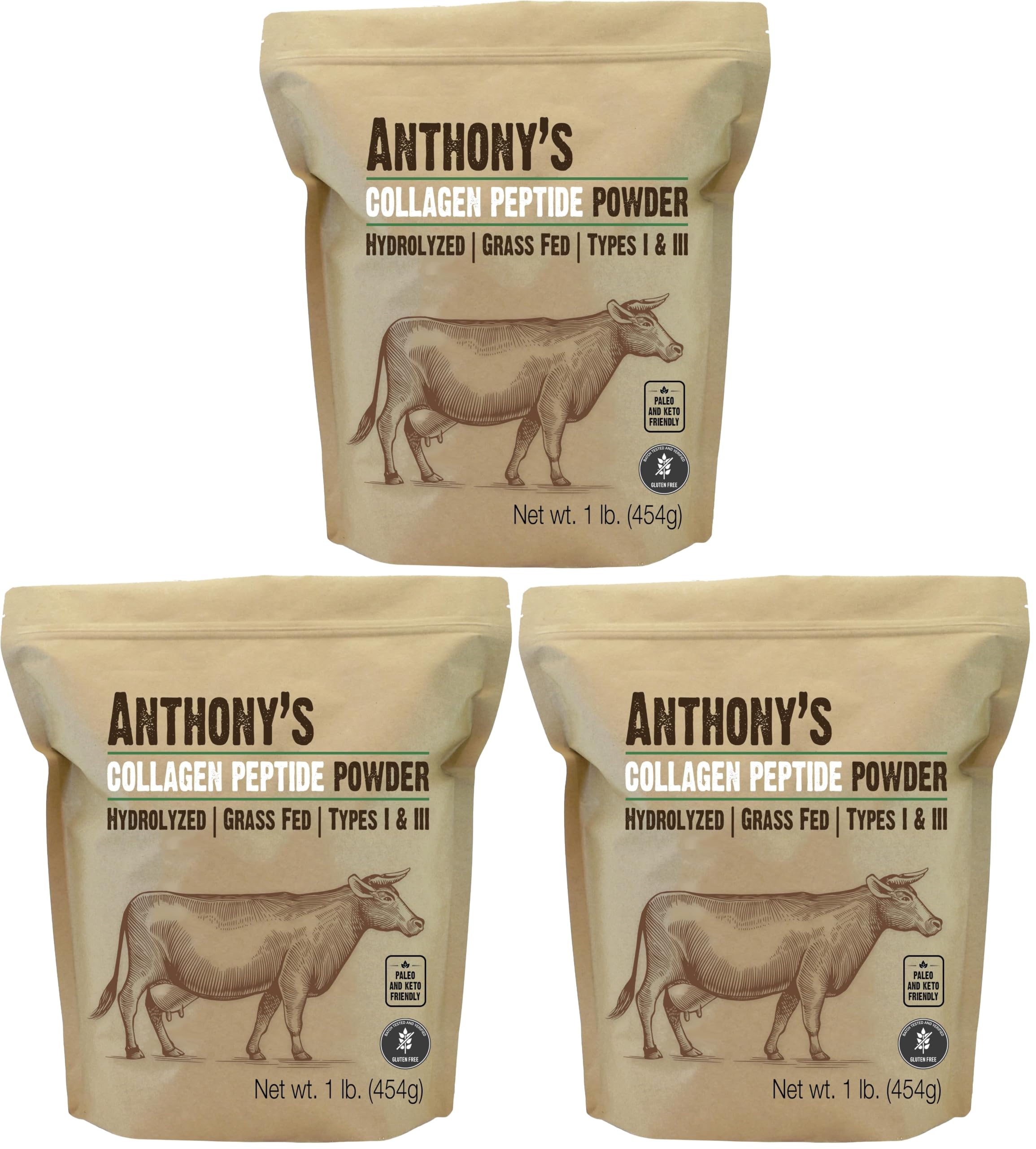 Anthony's Collagen Peptide Powder, 1 lb, Pure Hydrolyzed, Gluten Free, Keto and Paleo Friendly, Grass Fed, Unflavored, Non GMO (Pack of 3) 1 Pound (Pack of 3)