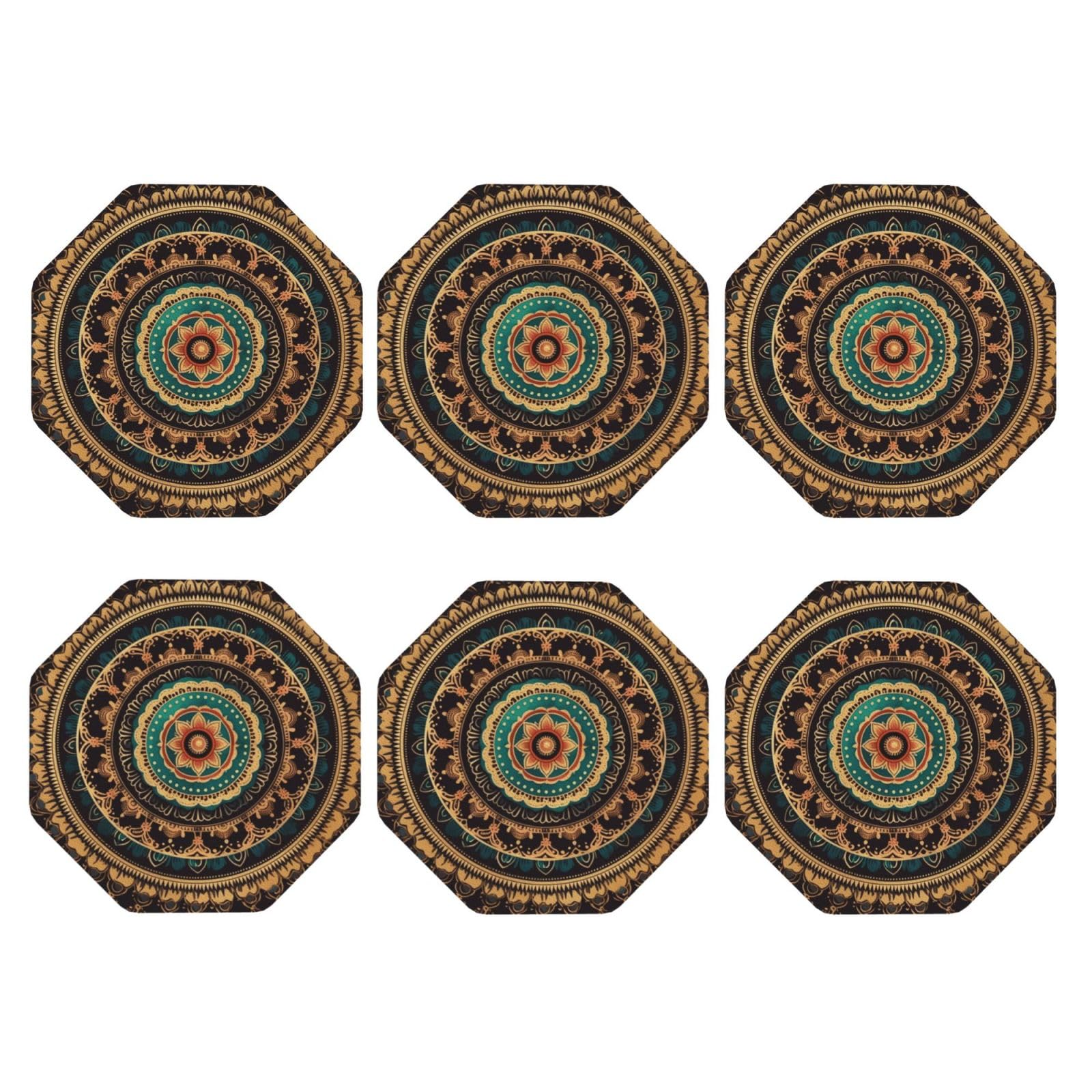 6pcs Leather Coasters for Drinks, Mandala Drink Coasters for Tabletop Protection, 4" Cup Coasters for Coffee Table Decor, Non-Slip Drinking Cup Mat for Hot Or Cold Drink