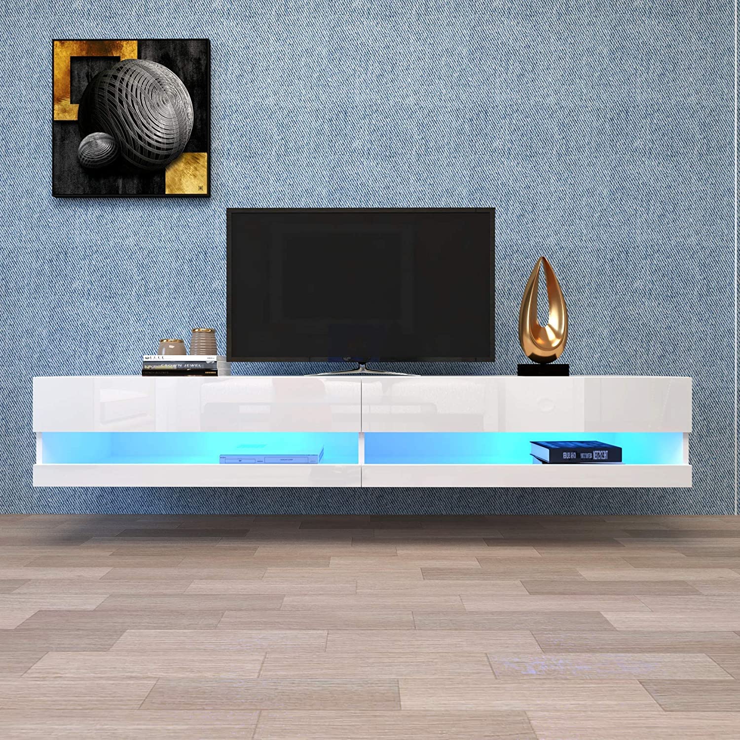 OKMYHOME Nowoczesna wisząca szafka pod telewizor i stolik kawowy z diodami LED, szafka pod telewizor ze schowkiem i obrotowym kwadratowym stolikiem kawowym, płytami MDF i płytami wiórowymi, biały, 140