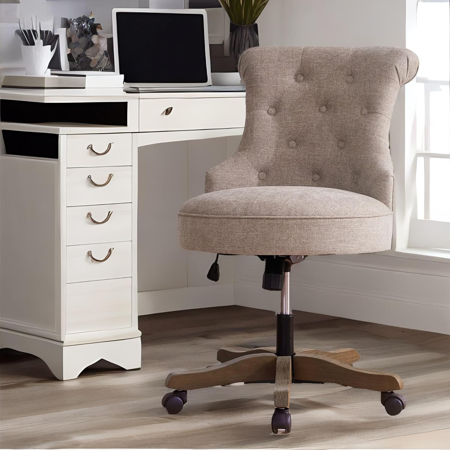 HUIMO Home Office Chair Upholstered Armless Linen Fabric Desk Chair with Wheels Adjustable Height Computer Desk Chair with Wooden Legs No Arms Swivel Chairs for Farmhouse Women Study Studio (Brown)