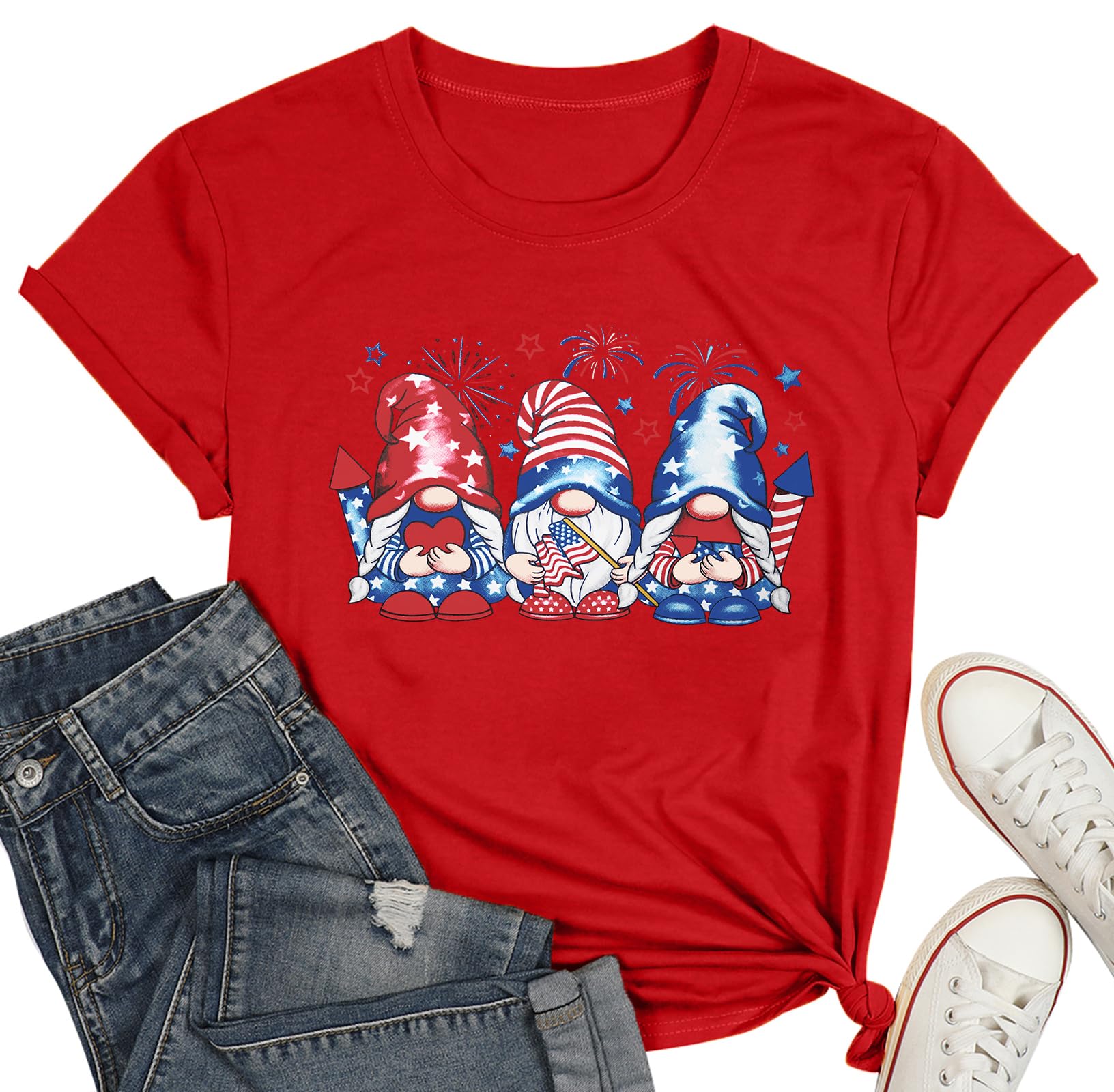 WEITUN 4th of July Gnomes Shirt for Womens Funny Patriotic Graphic Tee Shirt USA Flag Stars Stripes Tee Tops
