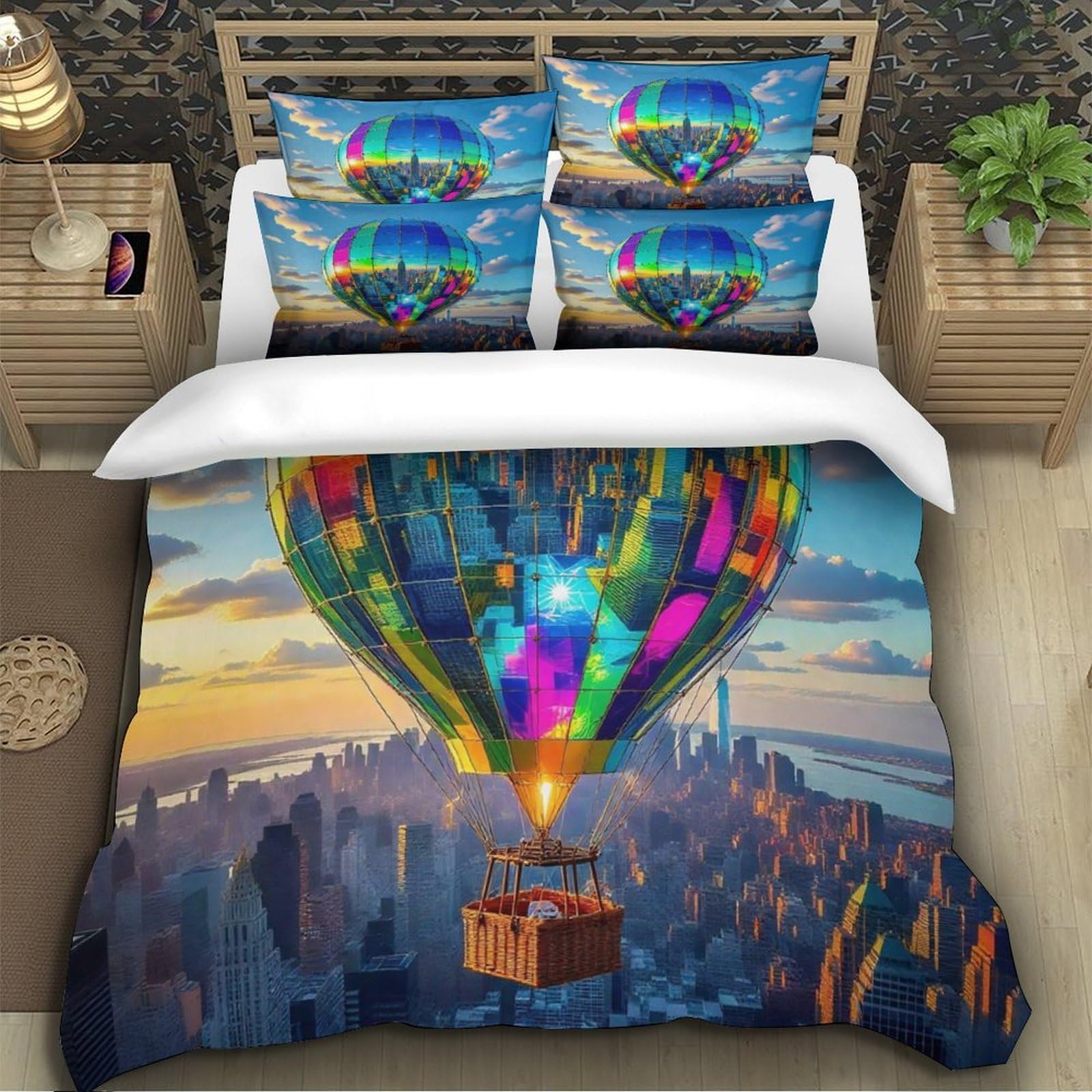 Housse de couette montgolfière 3D 260x220cm en microfibre douce avec taies