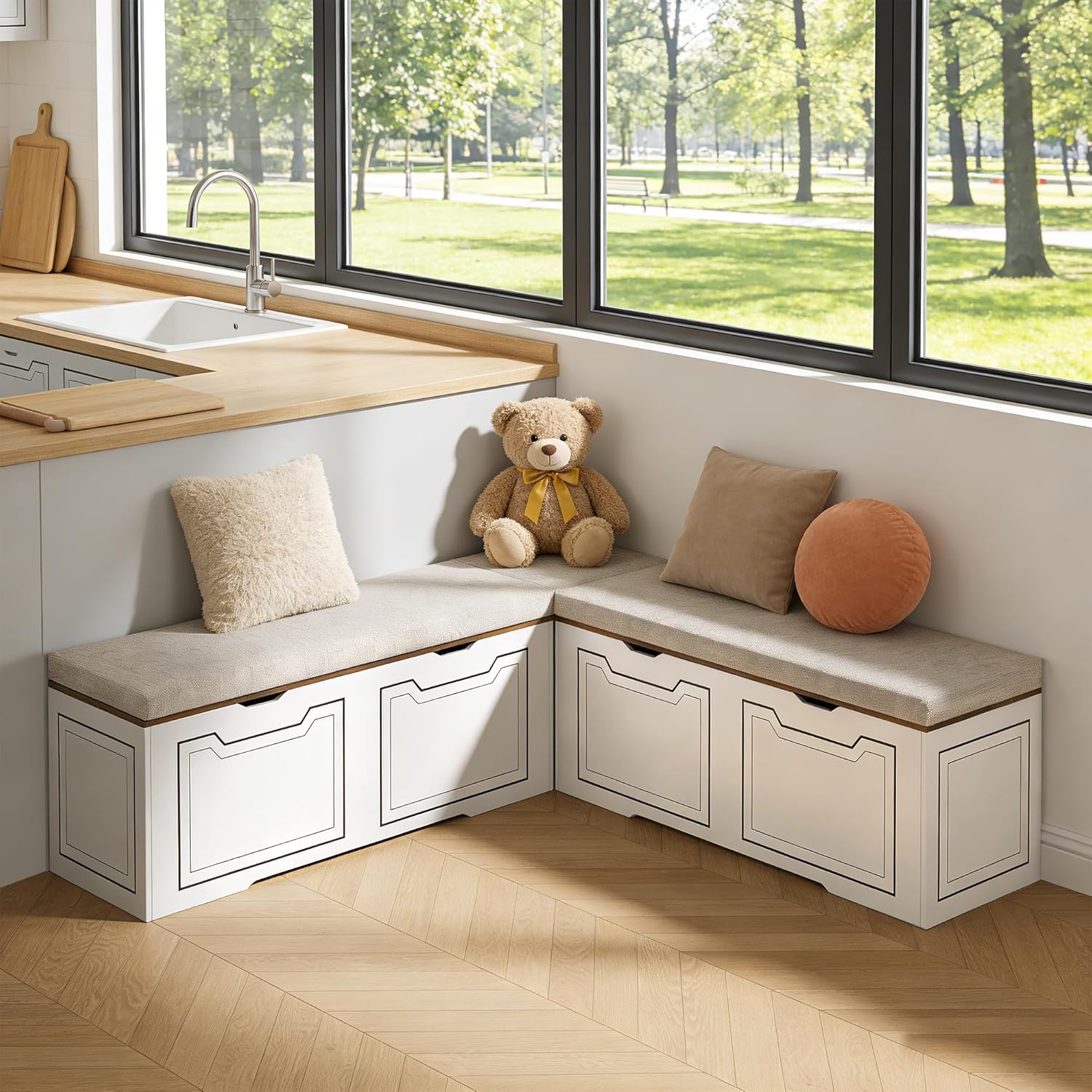 L Shaped Corner Bench with Storage, Breakfast Nook Bench, 63" L-Shaped Kitchen Nook Seating, Hidden Flip-Top Storage Compartments for Entryway, Dining Room, Hallway, Cloakroom, w/Grey Cushion