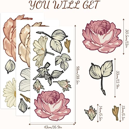 Miniatura 5 de Calcomanía de pared floral de peonía grande de 38.6 pulgadas para despegar y pegar, calcomanías de pared de flores retro, calcomanías de pared