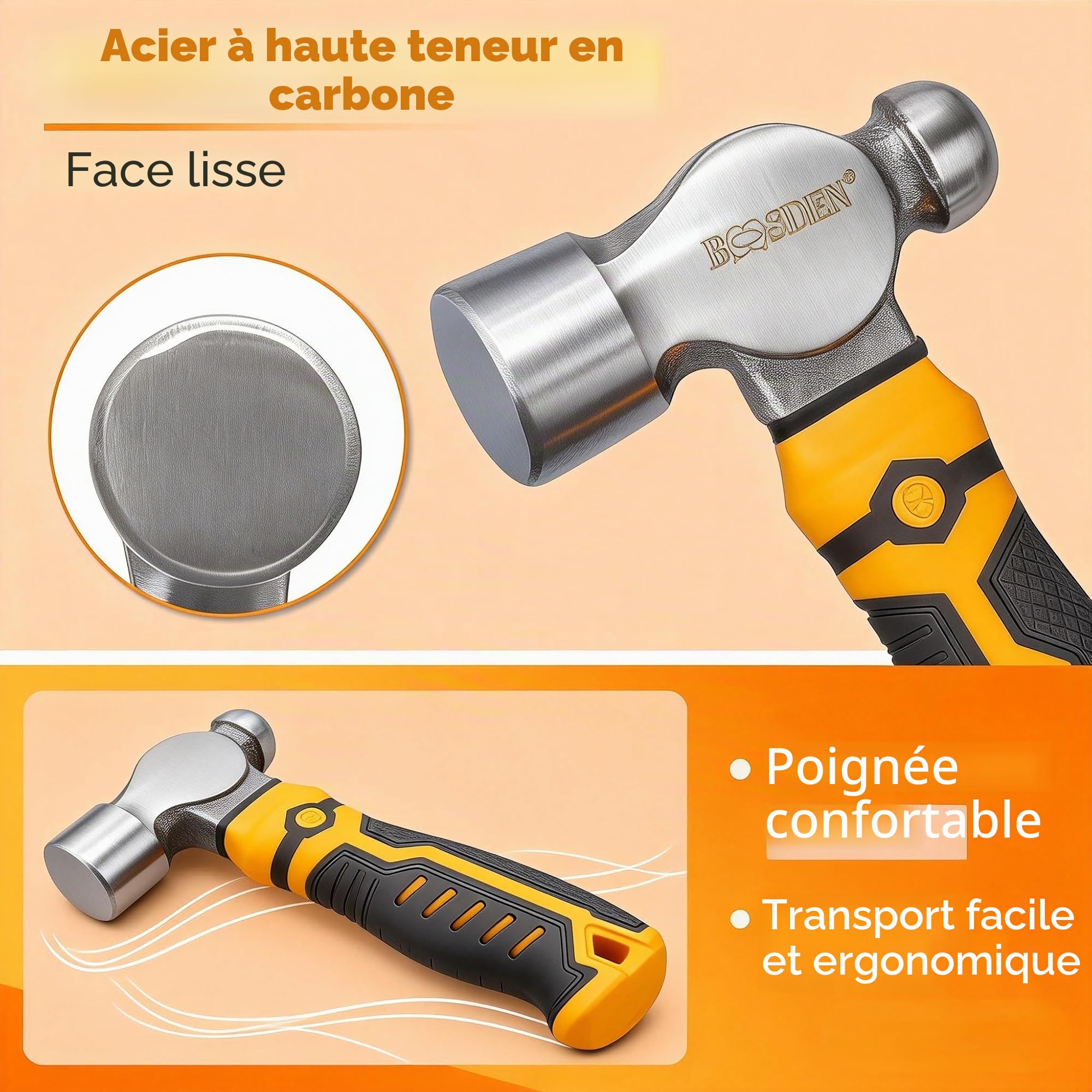 BOOSDEN Marteau à panne sphérique 425g, acier forgé | Poignée antidérapante, outil pour métaux et fabrication bijoux