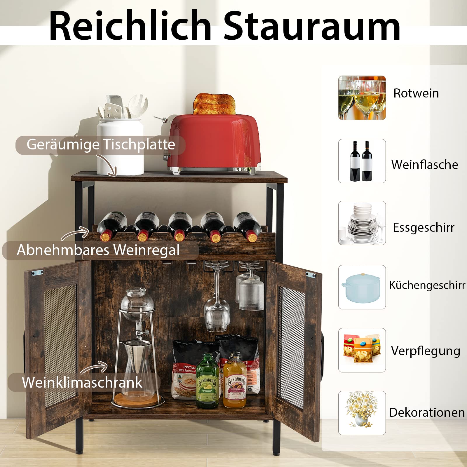 COSTWAY Szafka na wino, szafka kuchenna ze zdejmowanym regałem na wino i wbudowanymi uchwytami na szkło, komoda drewniana, kredens 60 x 34 x 79 cm (ciemnobrązowa)