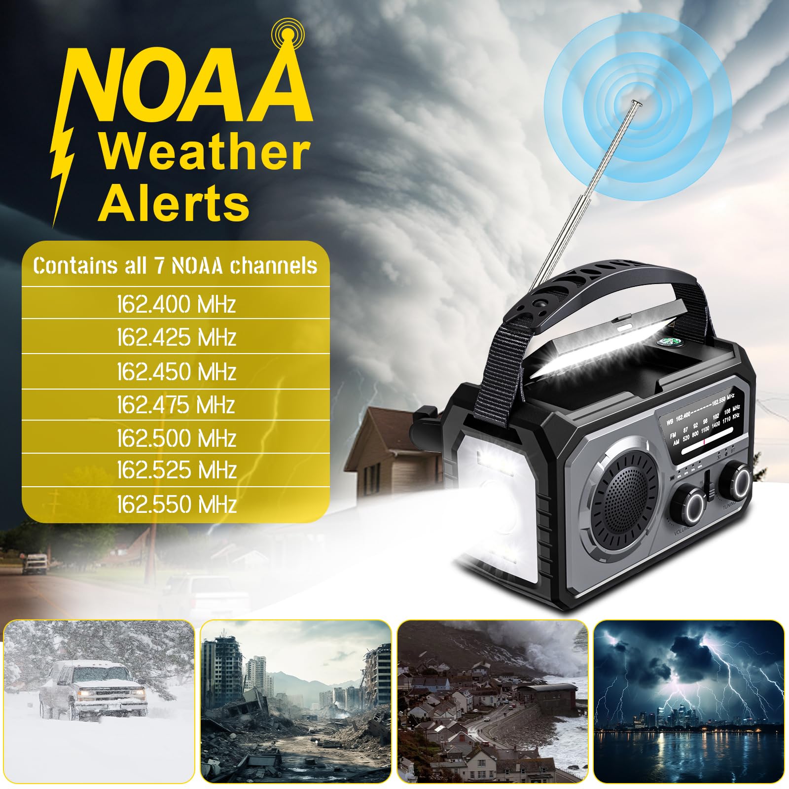 Radio a manovella di emergenza 16000 mAh AM/FM con torcia LED, radio solare, radio meteorologica portatile, caricatore di emergenza per famiglia, campeggio all'aperto