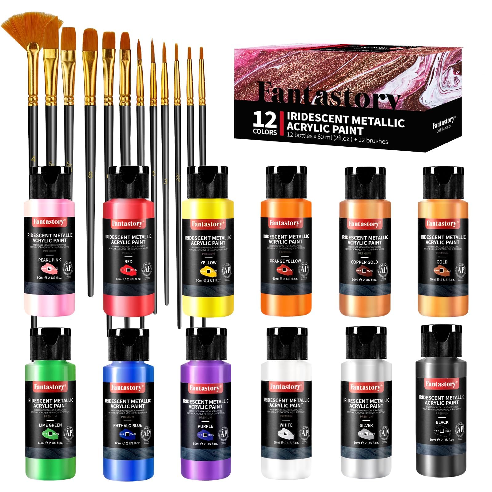 Fantastory 60ml 12 Colors Metallic Acrylic Paint Set with 12 Brushes