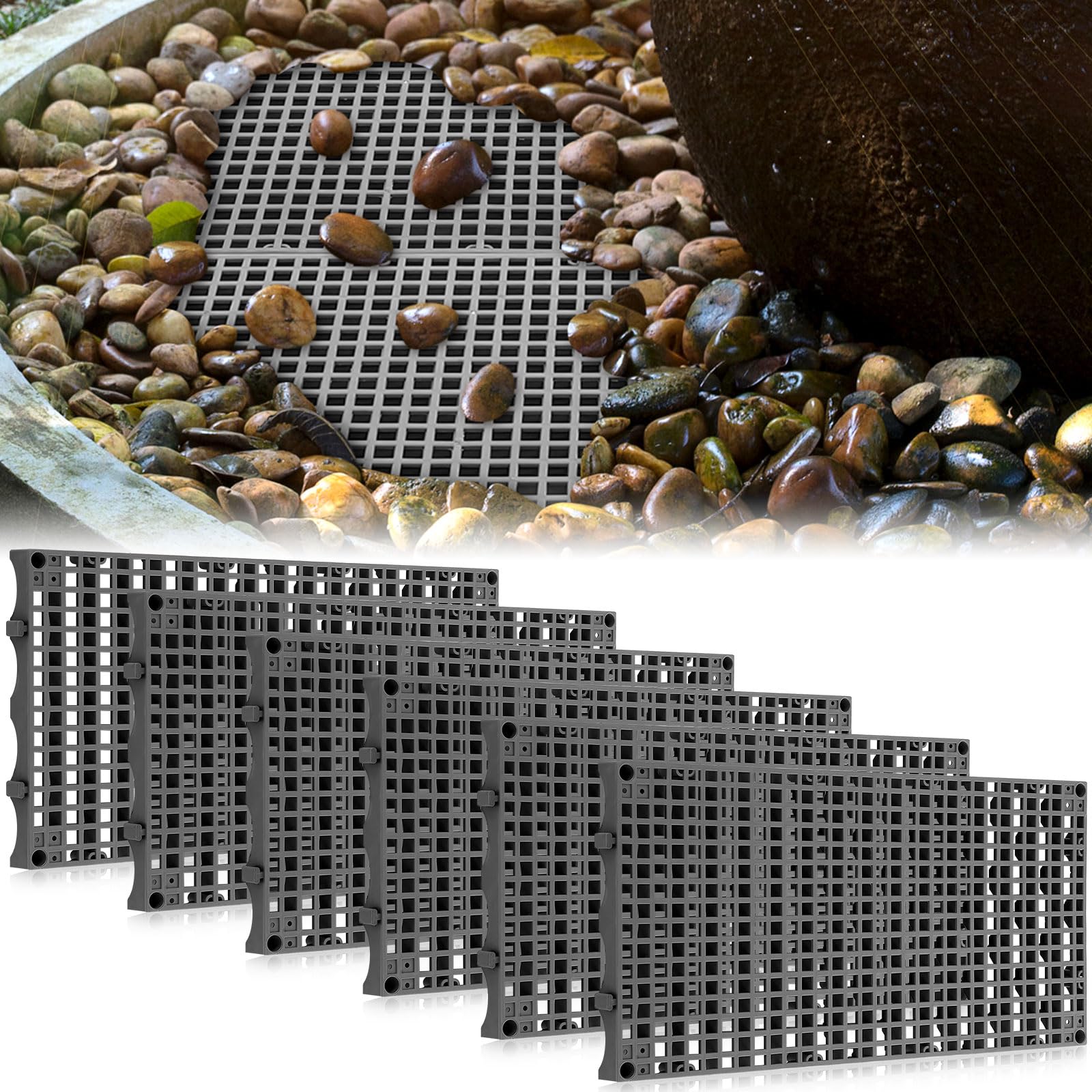 DoubleFill 3 Pack 24 Inch x 12 Inch Large Fountain Basin Grate for Pond and Water Garden Features and More Snap-Together - Hide Reservoir, Rocks, Other Decorative Objects (Gray)