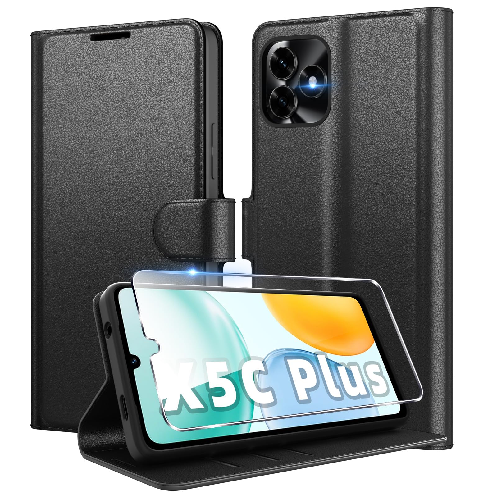 Cover per Honor X5C Plus Portafoglio Pelle PU Premium, Custodia Scomparti Carte Antiurto Protettiva Case con 1 Vetro Temperato, Nero