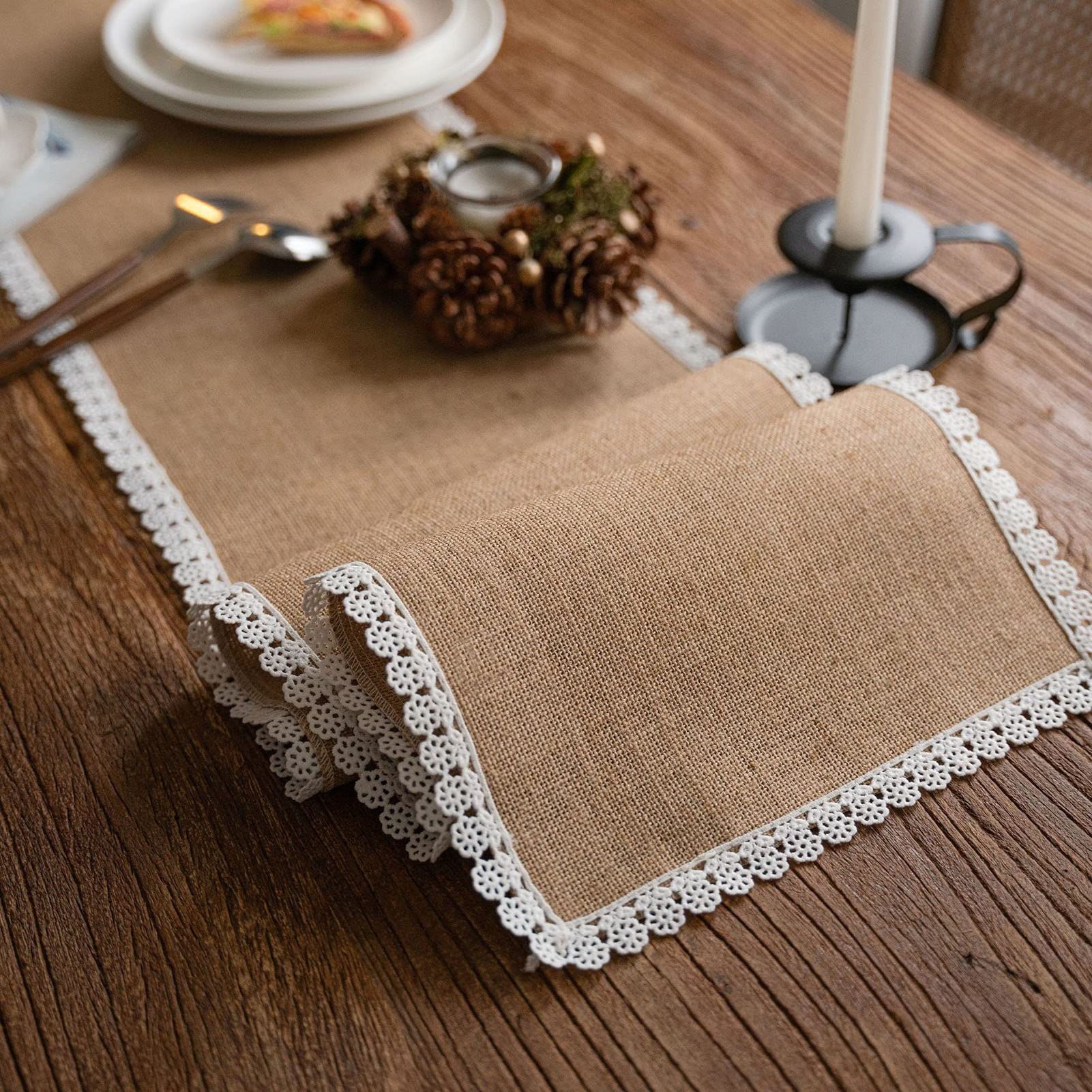 Runner da Tavola in Iuta con Bordo in Pizzo Bianco, Sciarpa da Comò Rustica in Iuta Matrimonio Autunno-Inverno Decorazioni per La Tavola in Campagna (Size : 30x300cm)