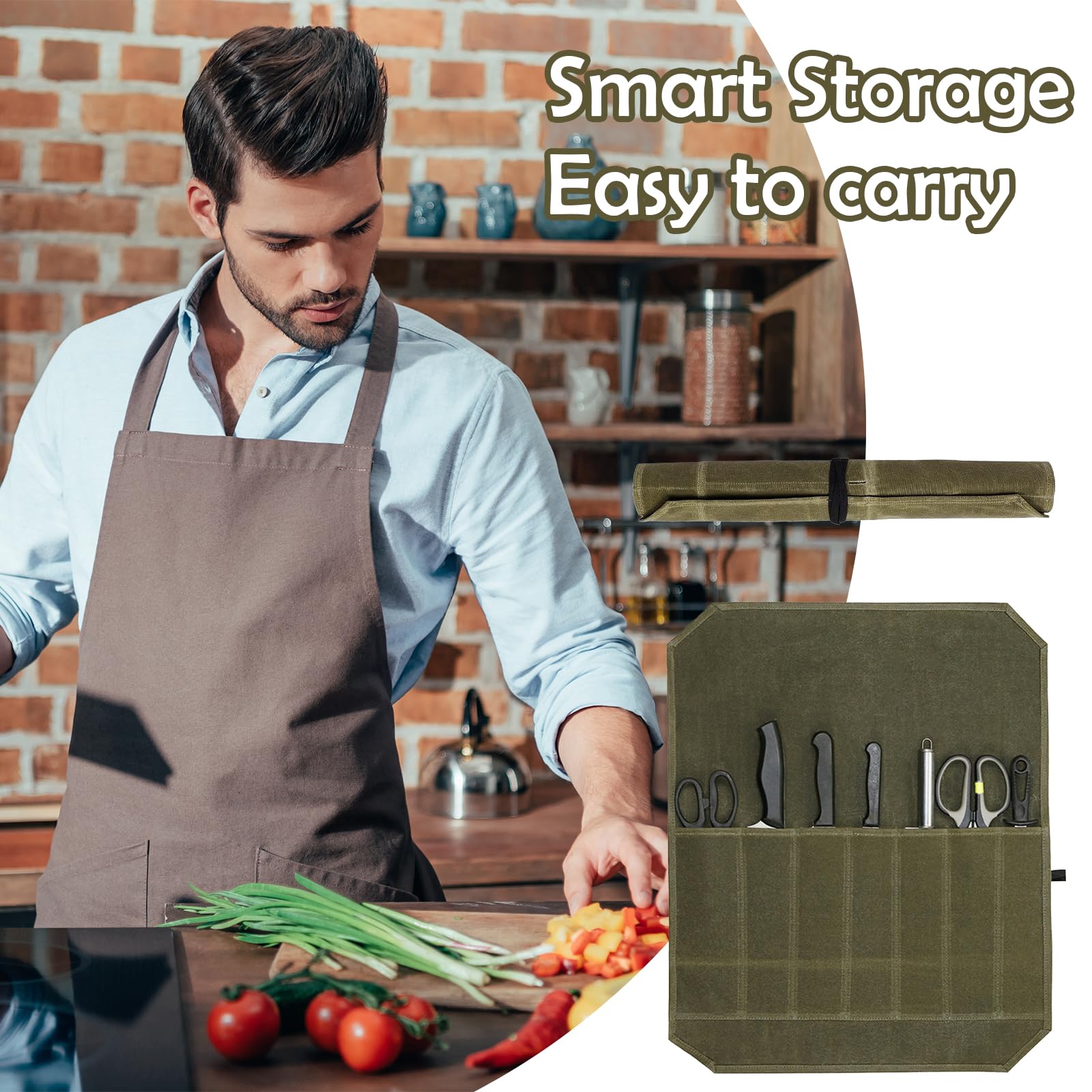 kaiyaya Borsa Coltelli Chef, Borsa per Coltelli 56.5 X 45.5 cm borsa Porta Coltelli da Chef Arrotolabile in Tela Cerata con 7 Scomparti Coltelli e Cucchiai Contenitore, per Campeggio Pesca Caccia