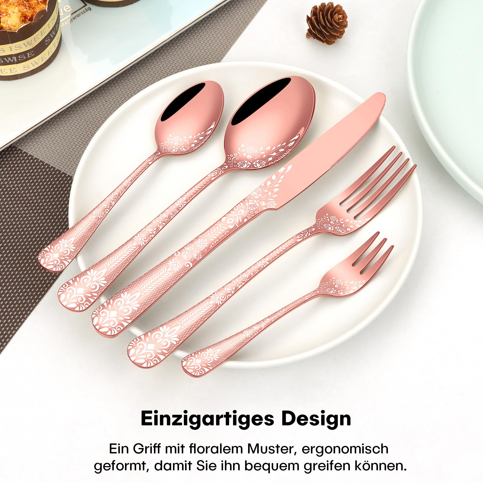 36-teiliges Besteck Set Roségold für 6 Personen, HONKKU Edelstahl Besteckset mit Steakmesser, Essbesteck Set Spiegel Polierter mit Blumenmustern, Gabel Löffel Messer Set Geschirrspüler Safe