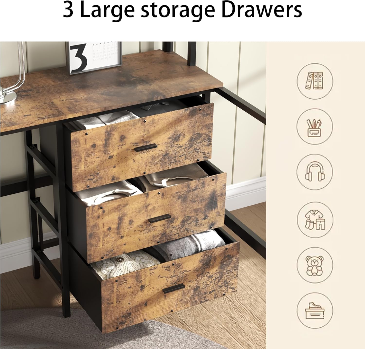 Twin Loft Bed with Desk and Stairs - Charging Station, Loft Beds Frame with 3 Drawers and 4 Storage Shelves, Rustic Metal Bunk Bed & Loft Bed with Stairs, Literas (Vintage Brown)