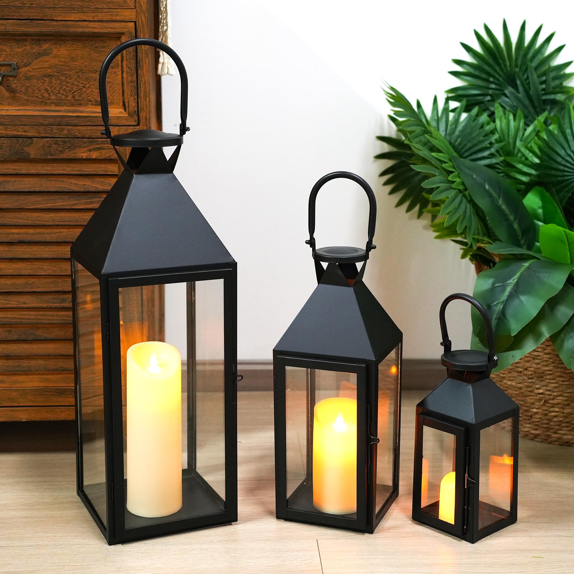 Elegant Candle Lantern Set- 3 Sizes (26", 19", 13" H) - Tempered Glass Panel Metal Candle Holders for Versatile Indoor & Outdoor Decorating - Perfect