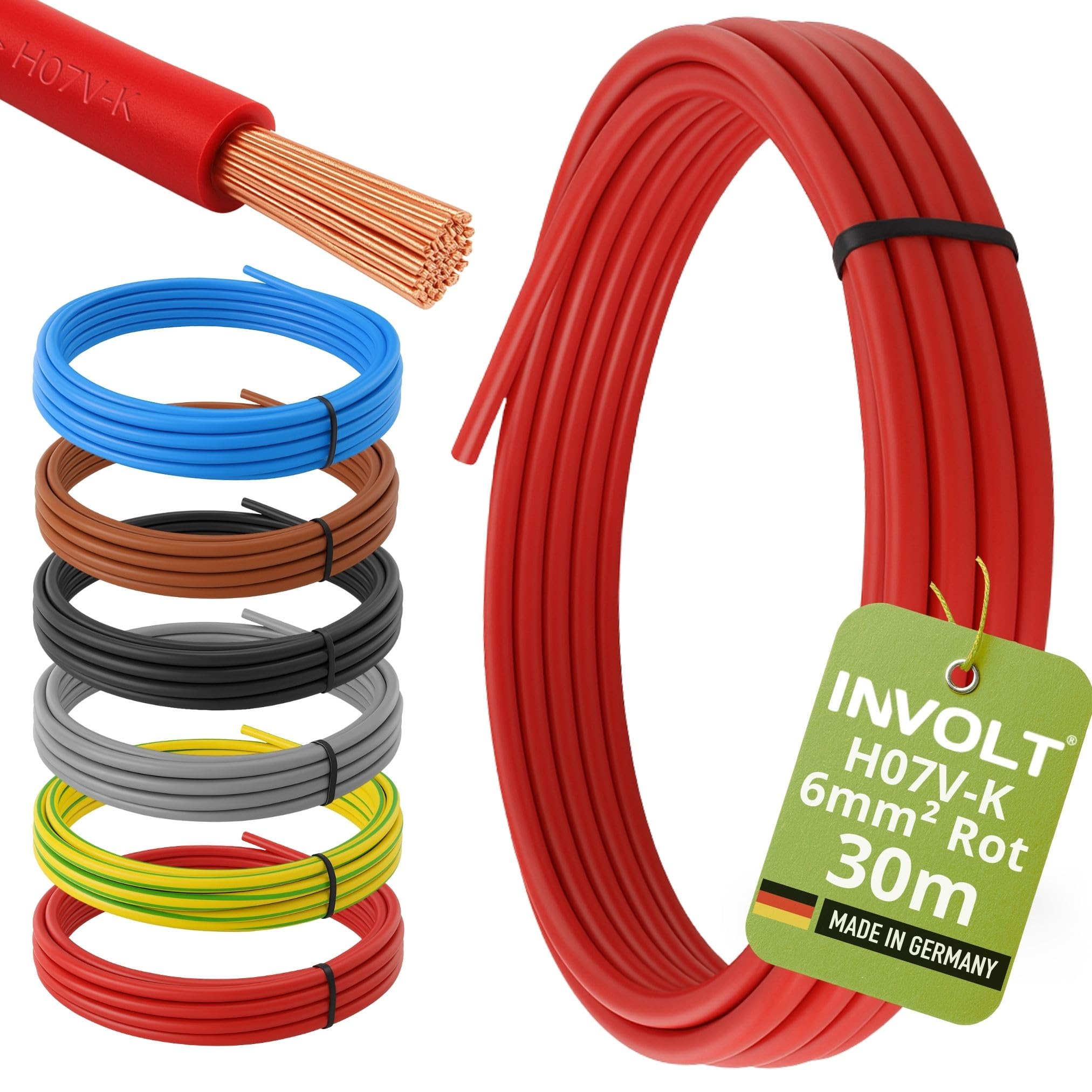H07V-K 30m 6mm ² Red Single Core Cable Flexible Wiring Line PVC Metre, Made IN Germany