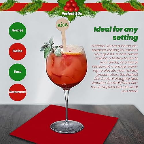 Miniatura 5 de Perfect Stix Servilletas rojas y verdes para fiesta de cóctel de Navidad y agitadores estampados de cócteles agradables y traviesos. 50CT de